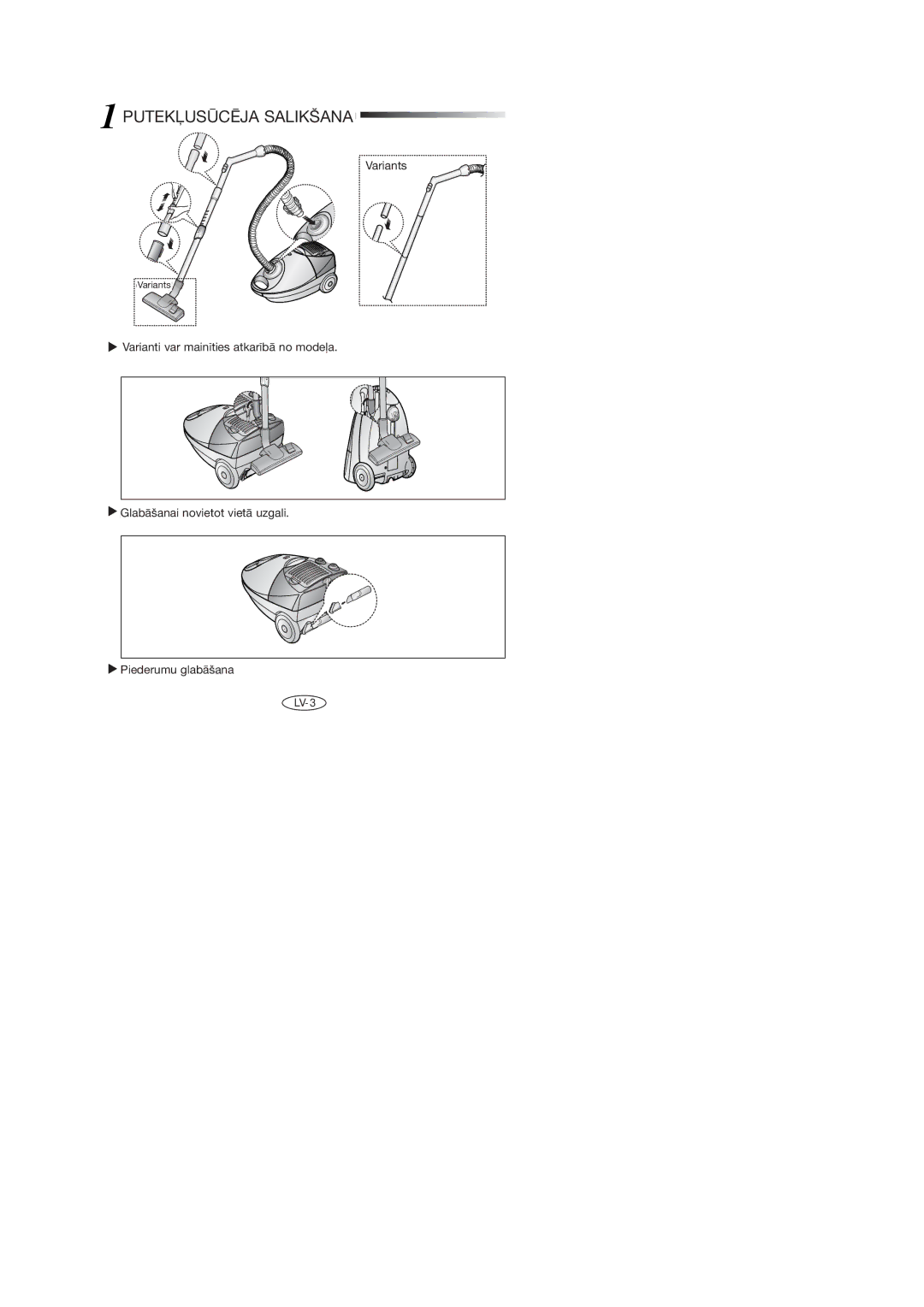 Samsung VCC4023S3B/XEV, VCC4034V3B/SBW, VCC4046V3S/XSB, VCC4023S3K/SBW manual 1ASSEMBLINGPUTEKĻUSŪCĒJATHE Cleanersalikšana 