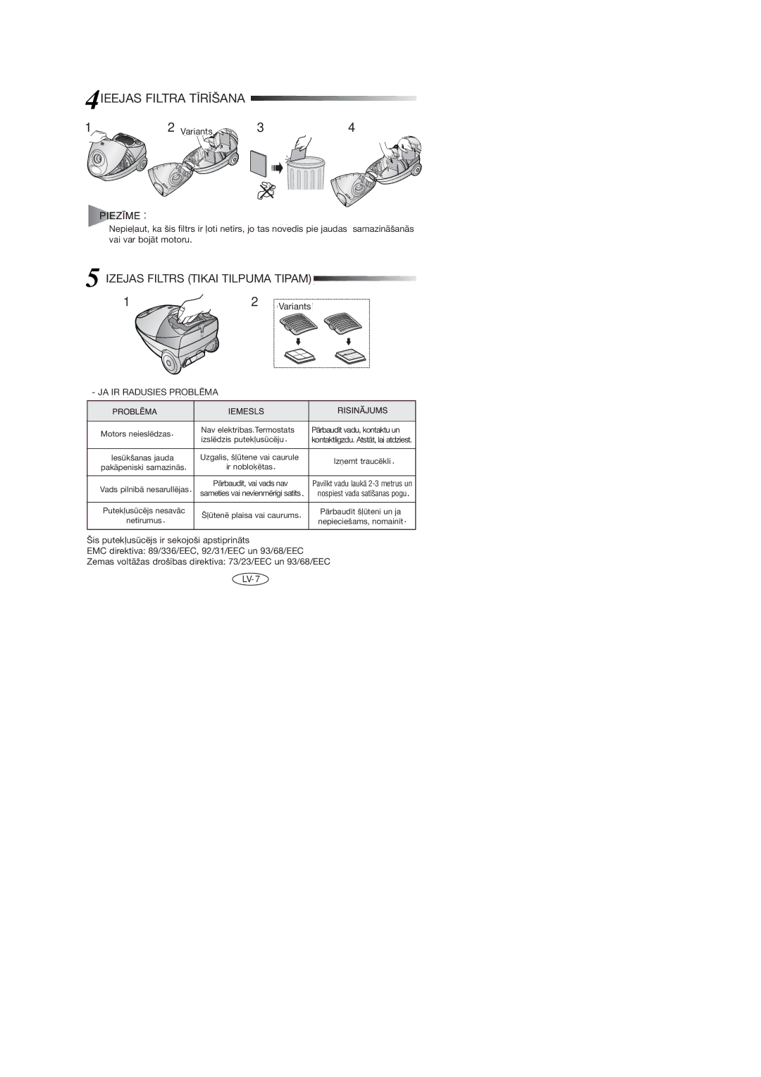 Samsung VCC4047V3R/XEV, VCC4034V3B/SBW, VCC4046V3S/XSB, VCC4023S3K/SBW manual 4IEEJASCLEANINGFILTRAHE Inlettīrīšanafilter 