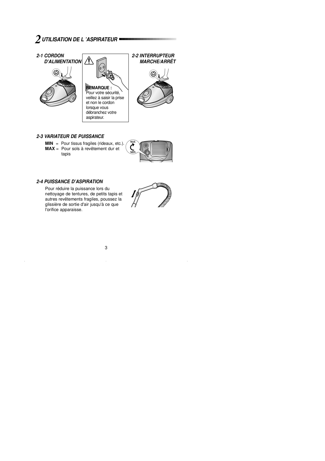 Samsung VCC4040V3B/XEF, VCC4040V34/XEF, VCC4030V3R/GEN, VCC4030V3B/XEF 2UTILISATION DE L ’ASPIRATEUR, Puissance D’ASPIRATION 