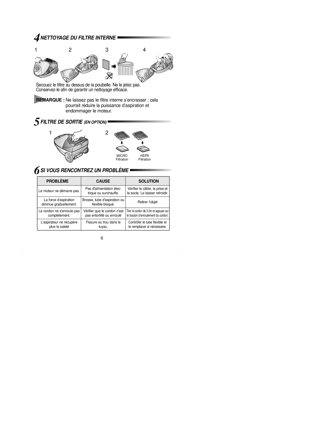 Samsung VCC4030V3B/XEF, VCC4040V3B/XEF, VCC4040V34/XEF manual 4NETTOYAGE DU Filtre Interne, 5FILTRE DE Sortie EN Option 