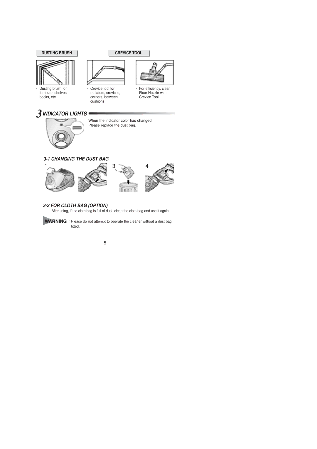 Samsung VCC4030V3B/XEF, VCC4040V3R/XEG, VCC4020S3R/ERP, VCC4020S2R/UMG, VCC4040V3B/XEF manual 3INDICATOR Lights, Dusting Brush 