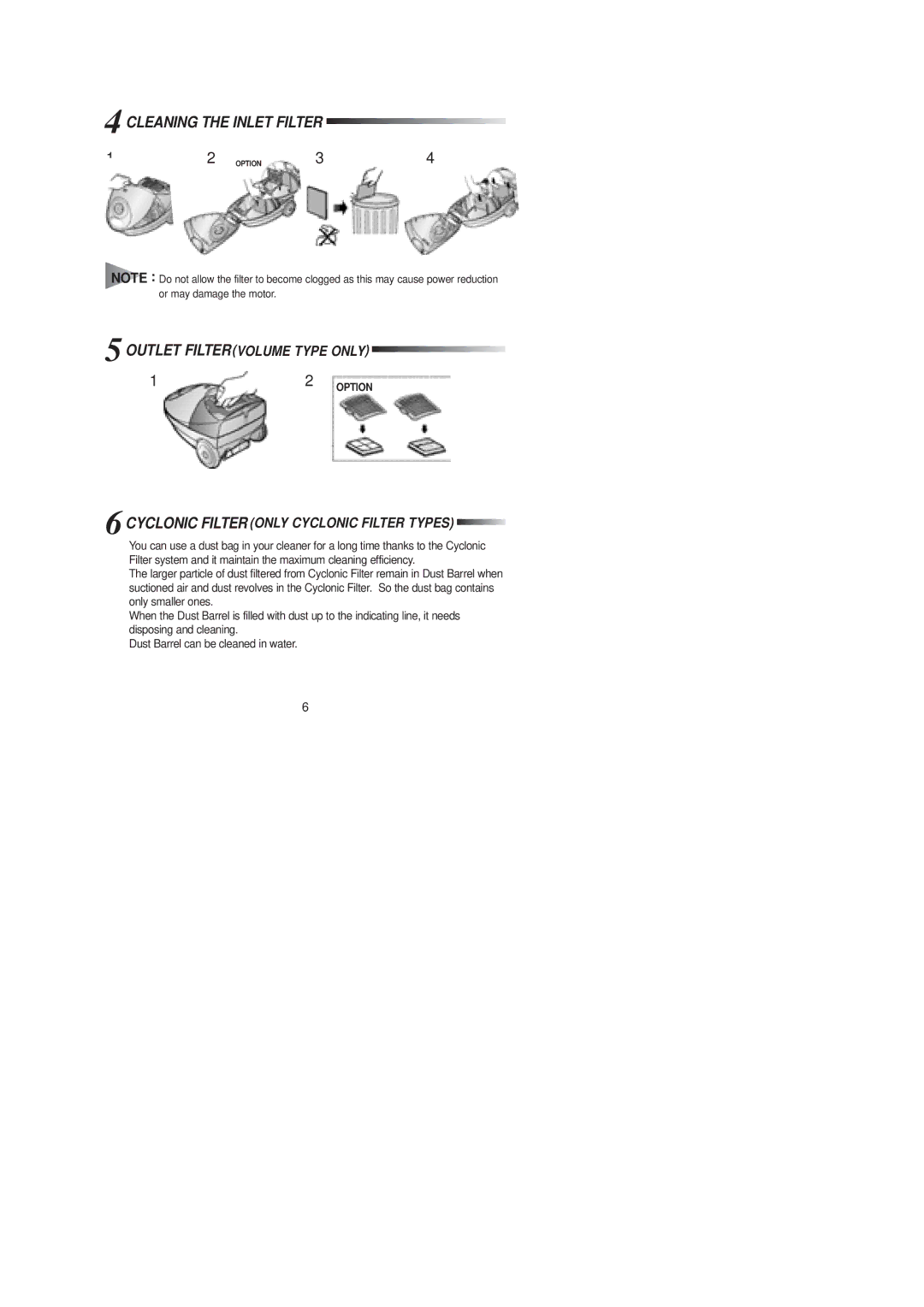 Samsung VCC4020S22/RUM, VCC4040V3R/XEG manual Cleaning the Inlet Filter, 6CYCLONIC Filter only Cyclonic Filter Types 