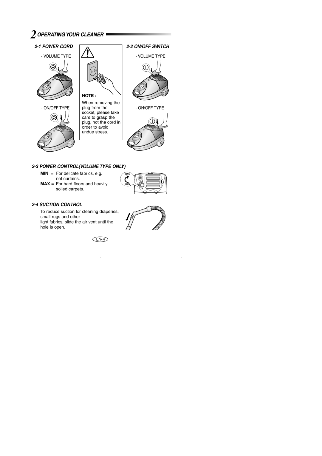 Samsung VCC4046V3S/SBW, VCC4046V36/XSB, VCC4046V3S/XSB, VCC4023S3K/SBW, VCC4023S3B/XEV 2OPERATING Your Cleaner, Power Cord 