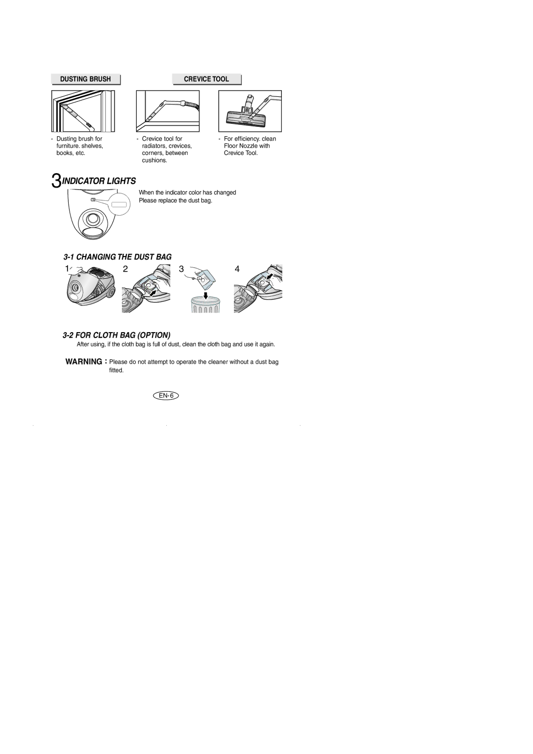 Samsung VCC4023S3B/SBW, VCC4046V36/XSB, VCC4046V3S/XSB, VCC4023S3K/SBW, VCC4023S3B/XEV manual 3INDICATOR Lights, Dusting Brush 