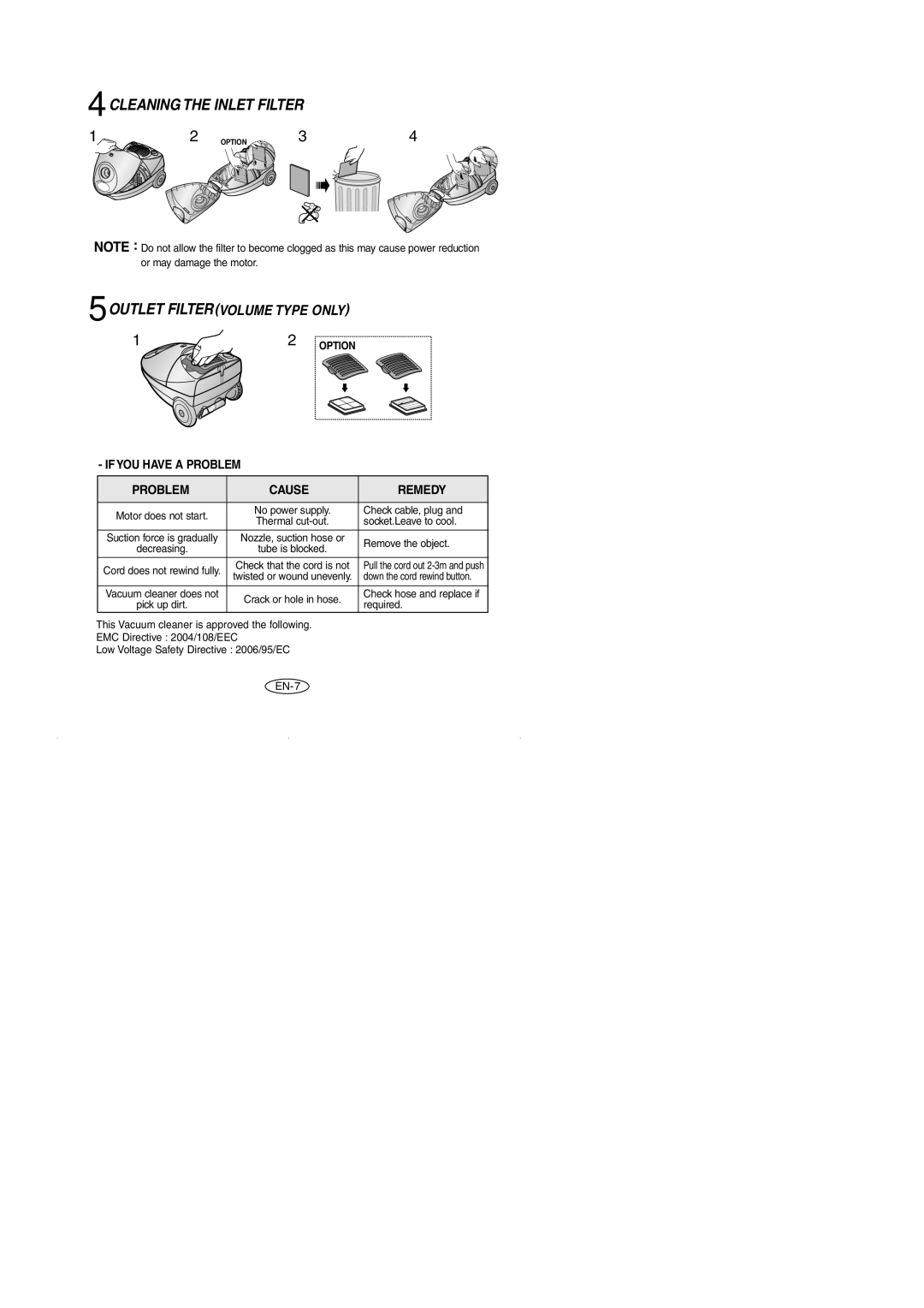 Samsung VCC4047V3R/XEV, VCC4046V36/XSB, VCC4046V3S/XSB manual Cleaning the Inlet Filter, 5OUTLET Filtervolume Type only 