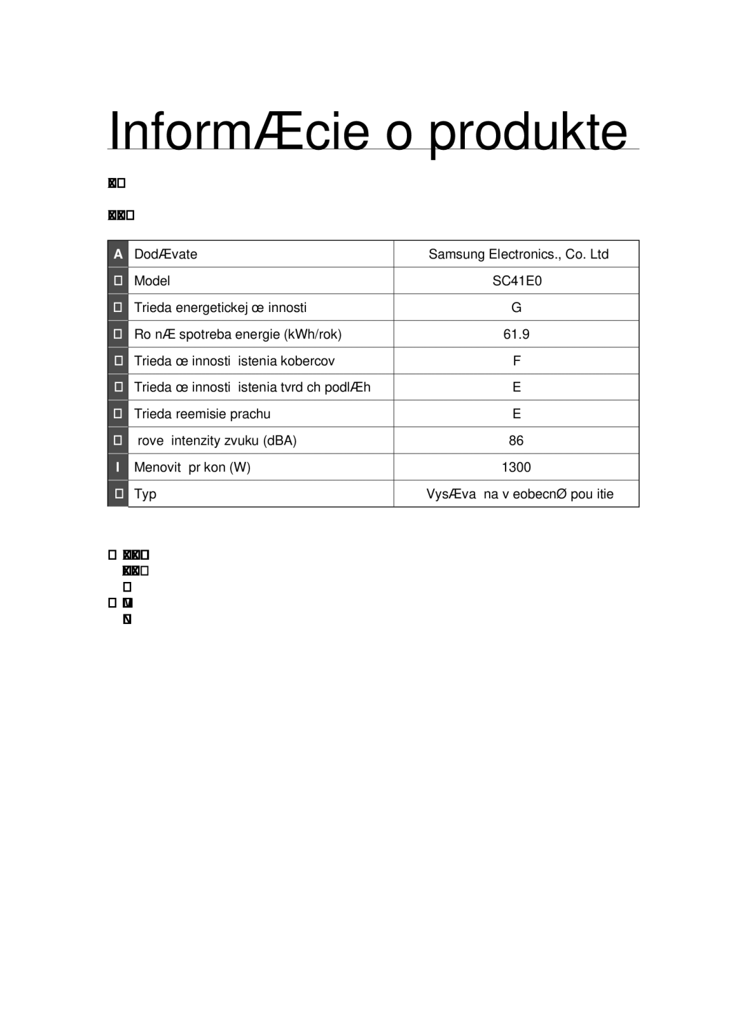 Samsung VCC41E0V3E/XEH, VCC4130S31/XEV, VCC4130S31/SBW, VCC4130S3R/XEH, VCC4112S3R/XEH, VCC41E0V3E/BOL Informácie o produkte 