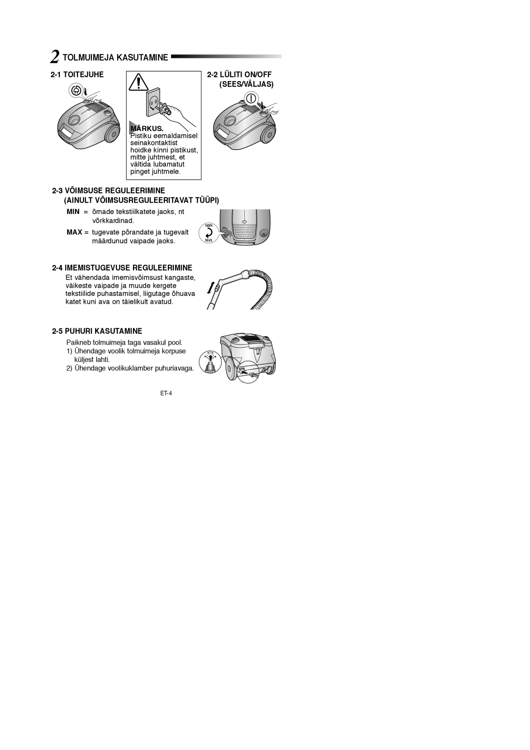 Samsung VCC4188V3C/RVC manual Tolmuimeja Kasutamine, Toitejuhe, Võimsuse Reguleerimine, Imemistugevuse Reguleerimine 