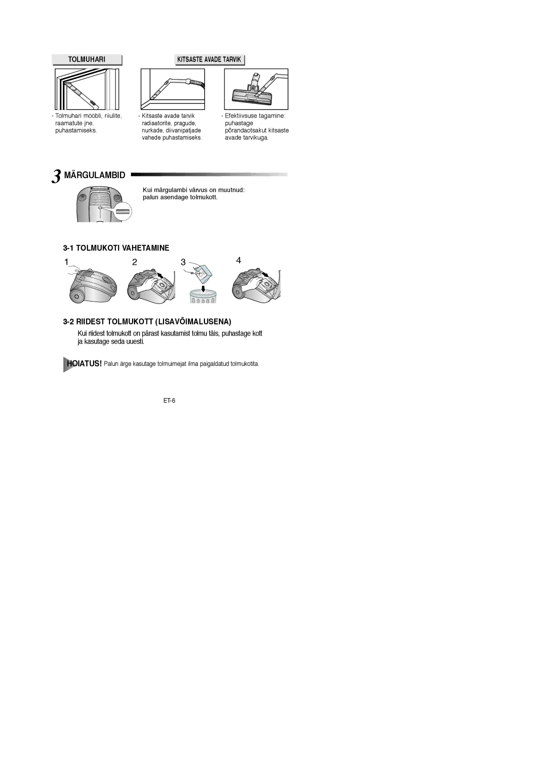 Samsung VCC4130S31/SBW manual Märgulambid, Tolmukoti Vahetamine Riidest Tolmukott Lisavõimalusena, Kitsaste Avade Tarvik 