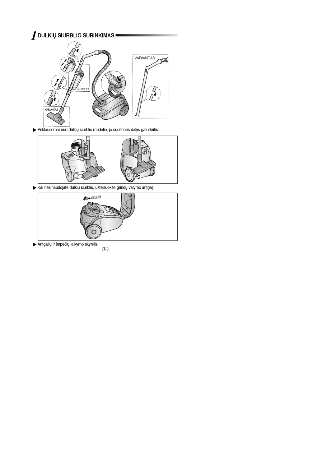 Samsung VCC4140V3E/XSB, VCC4130S31/XEV, VCC4130S31/SBW, VCC4140V32/SBW, VCC4180V33/SBW manual 1DULKIÐ Siurblio Surinkimas 