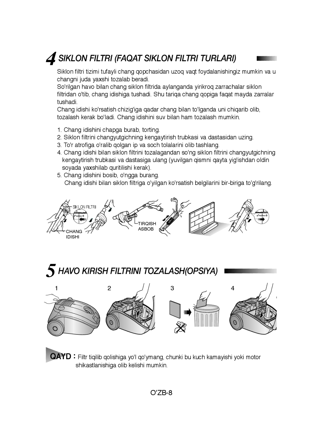 Samsung VCC4130S3S/XEV, VCC4130S31/XEV manual Siklon Filtri Faqat Siklon Filtri Turlari, Havo Kirish Filtrini Tozalashopsiya 