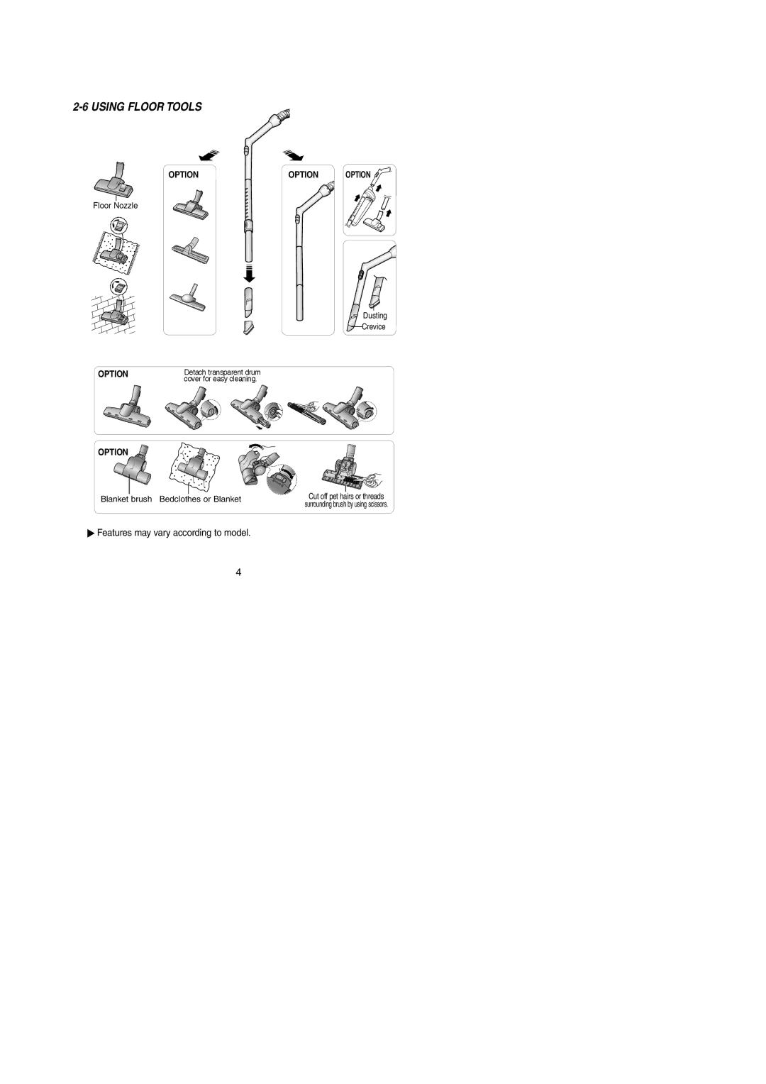 Samsung VCC4130S35/UMG, VCC4130S31/XEV, VCC4130S3R/XSG, VCC4130S3B/XSG, VCC4130S2B/ABS, VCC4130S2R/RUM manual Using Floor Tools 