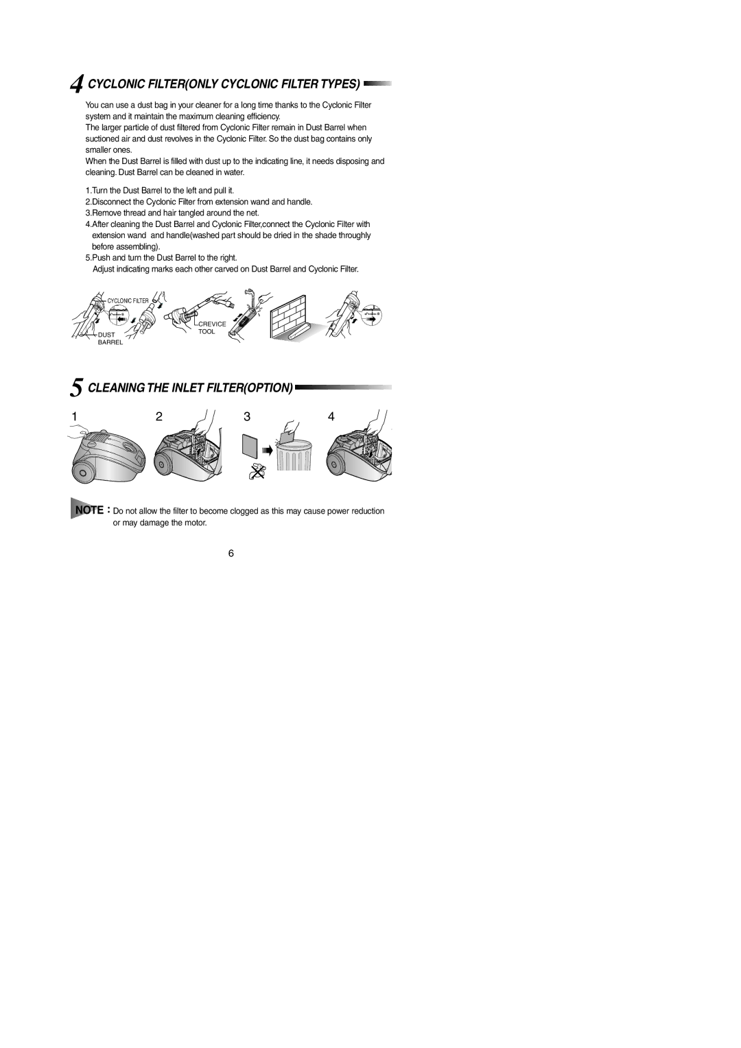 Samsung VCC4130S47/ATC, VCC4130S31/XEV manual Cyclonic Filteronly Cyclonic Filter Types, Cleaning the Inlet Filteroption 