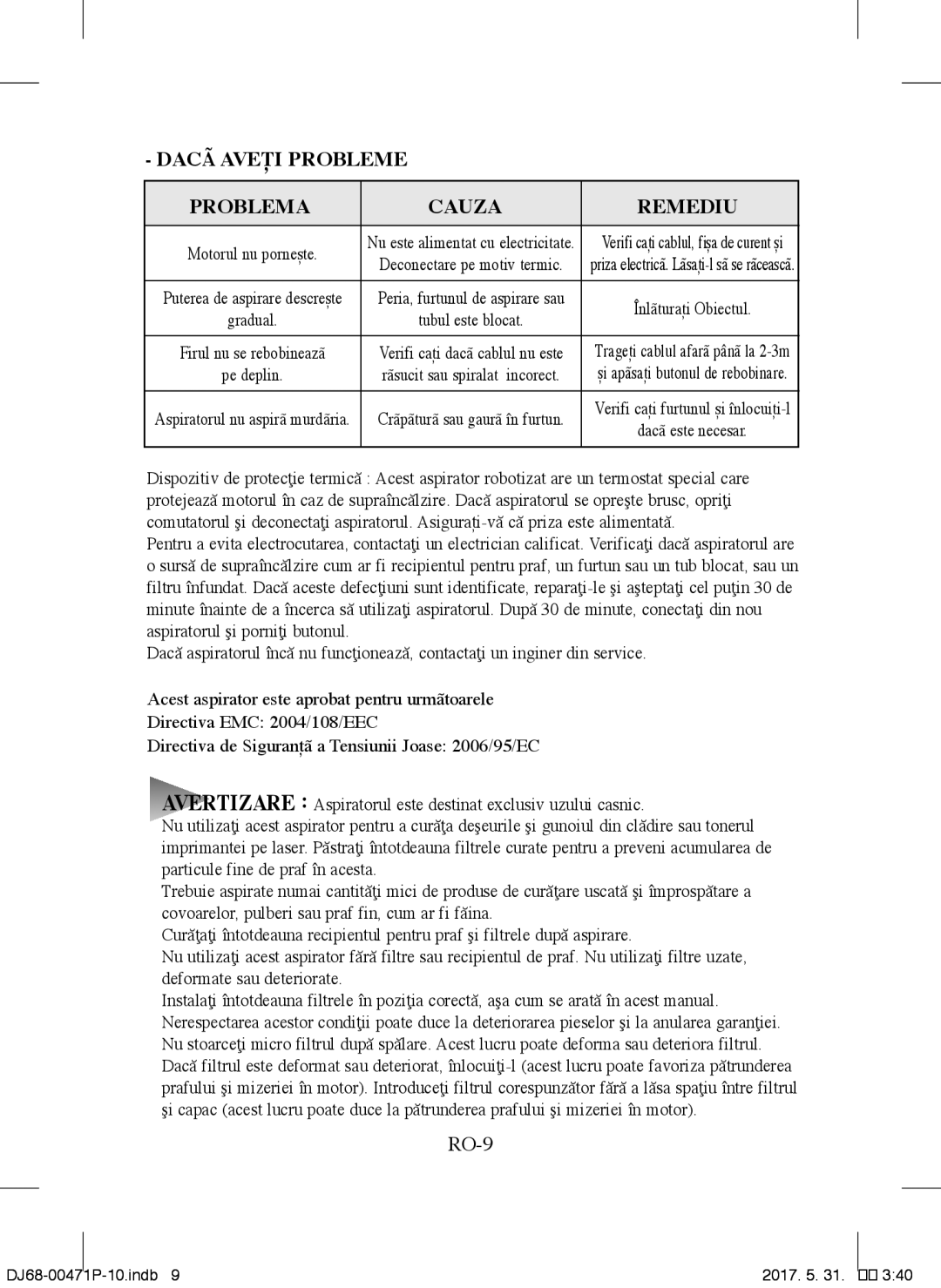 Samsung VCC4130S3R/BOL, VCC4130S31/XEV, VCC4130S3R/XSG, VCC4130S3B/XSG manual Dacã Aveți Probleme Problema Cauza Remediu 