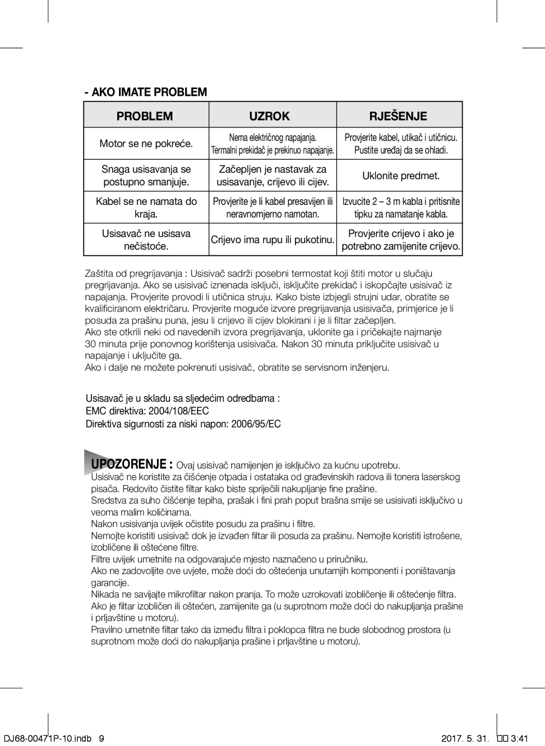 Samsung VCC4130S37/XEH, VCC4130S31/XEV, VCC4130S3R/XSG, VCC4130S3B/XSG, VCC4135S37/BOL manual AKO Imate Problem Uzrok Rješenje 