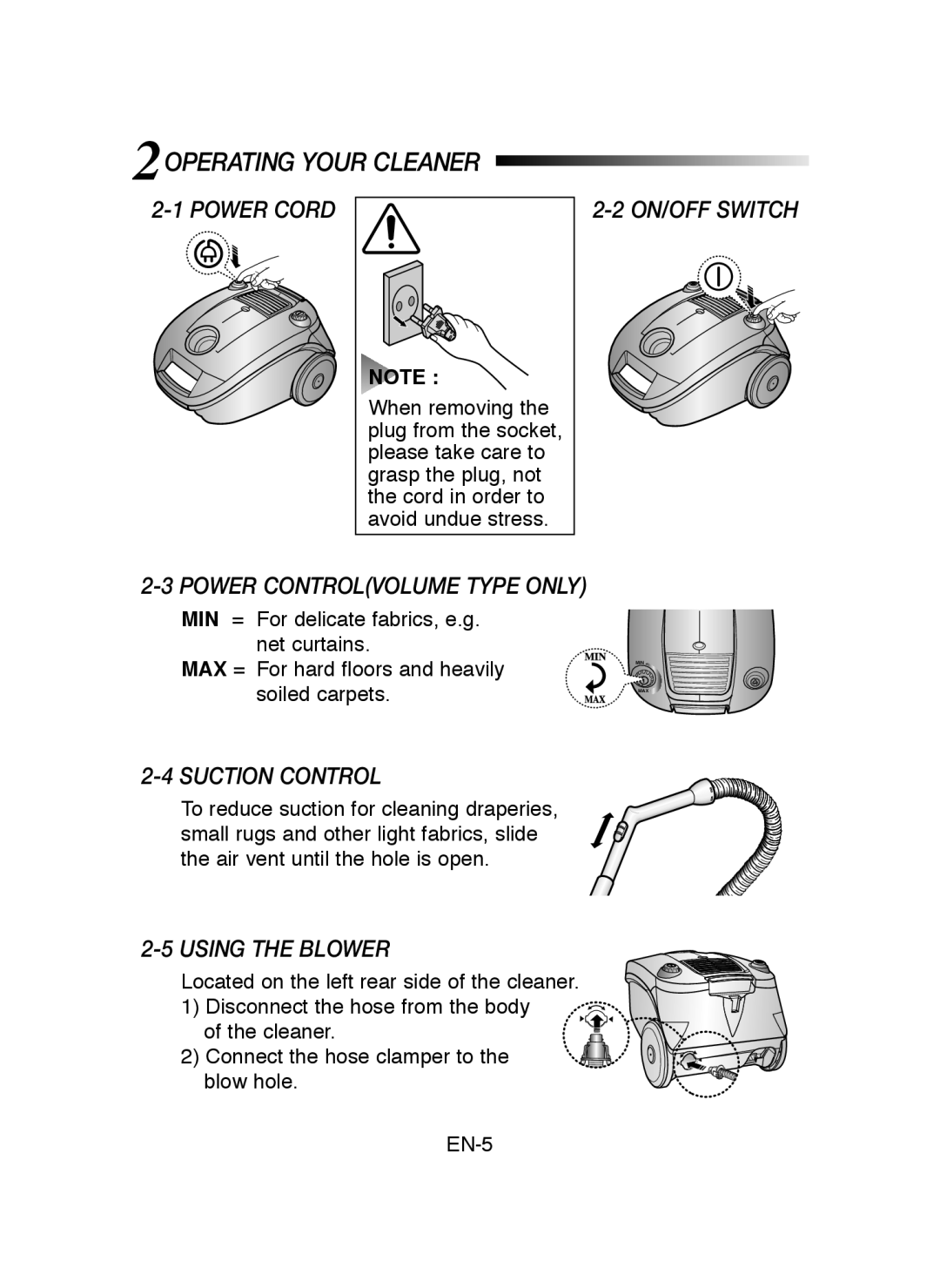 Samsung VCC41E0V3E/XEH 2OPERATING Your Cleaner, Power Cord, ON/OFF Switch Power Controlvolume Type only, Suction Control 