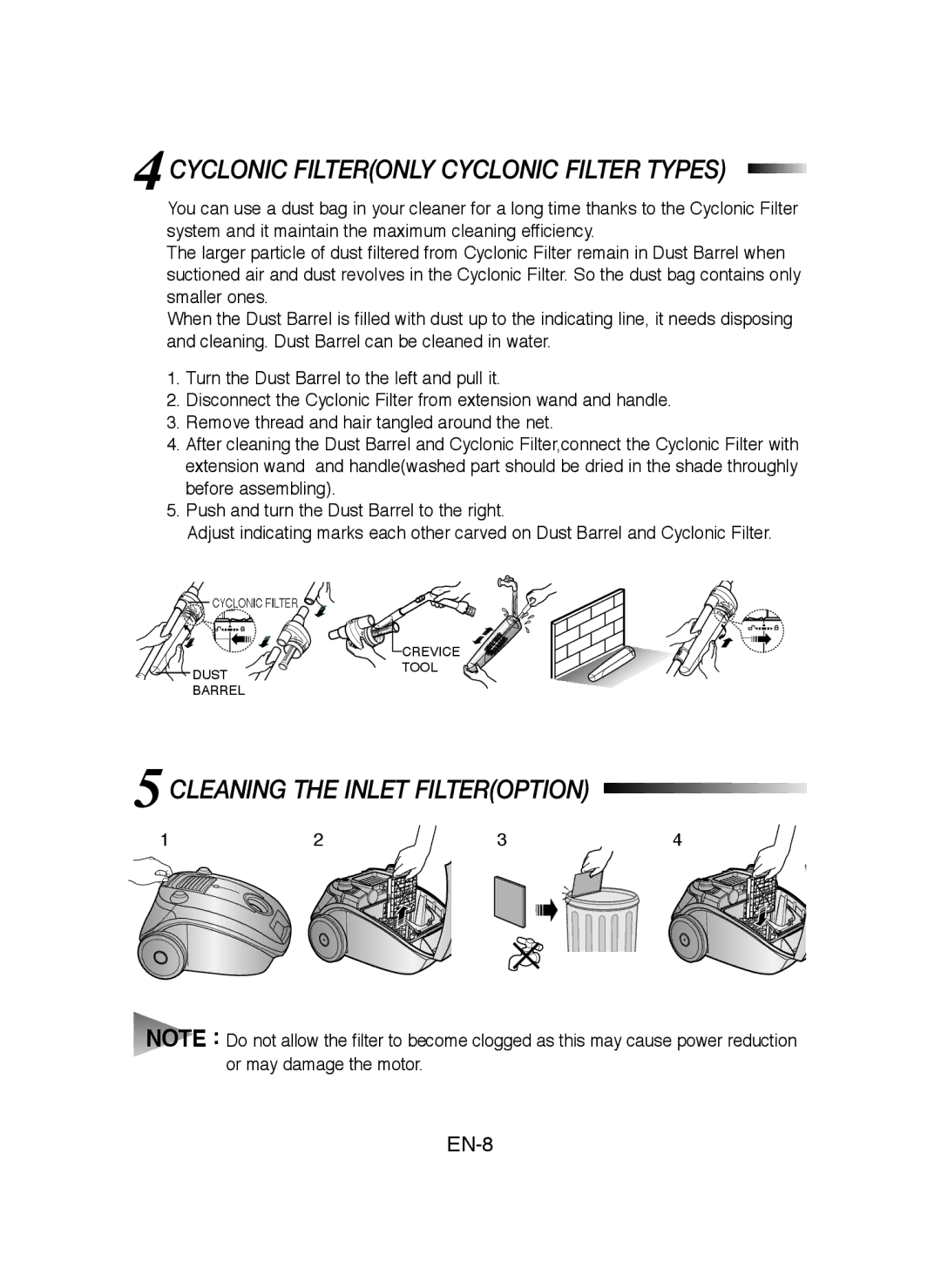 Samsung VCC4130S35/XEP, VCC4130S31/XEV manual Cyclonic Filteronly Cyclonic Filter Types, Cleaning the Inlet Filteroption 