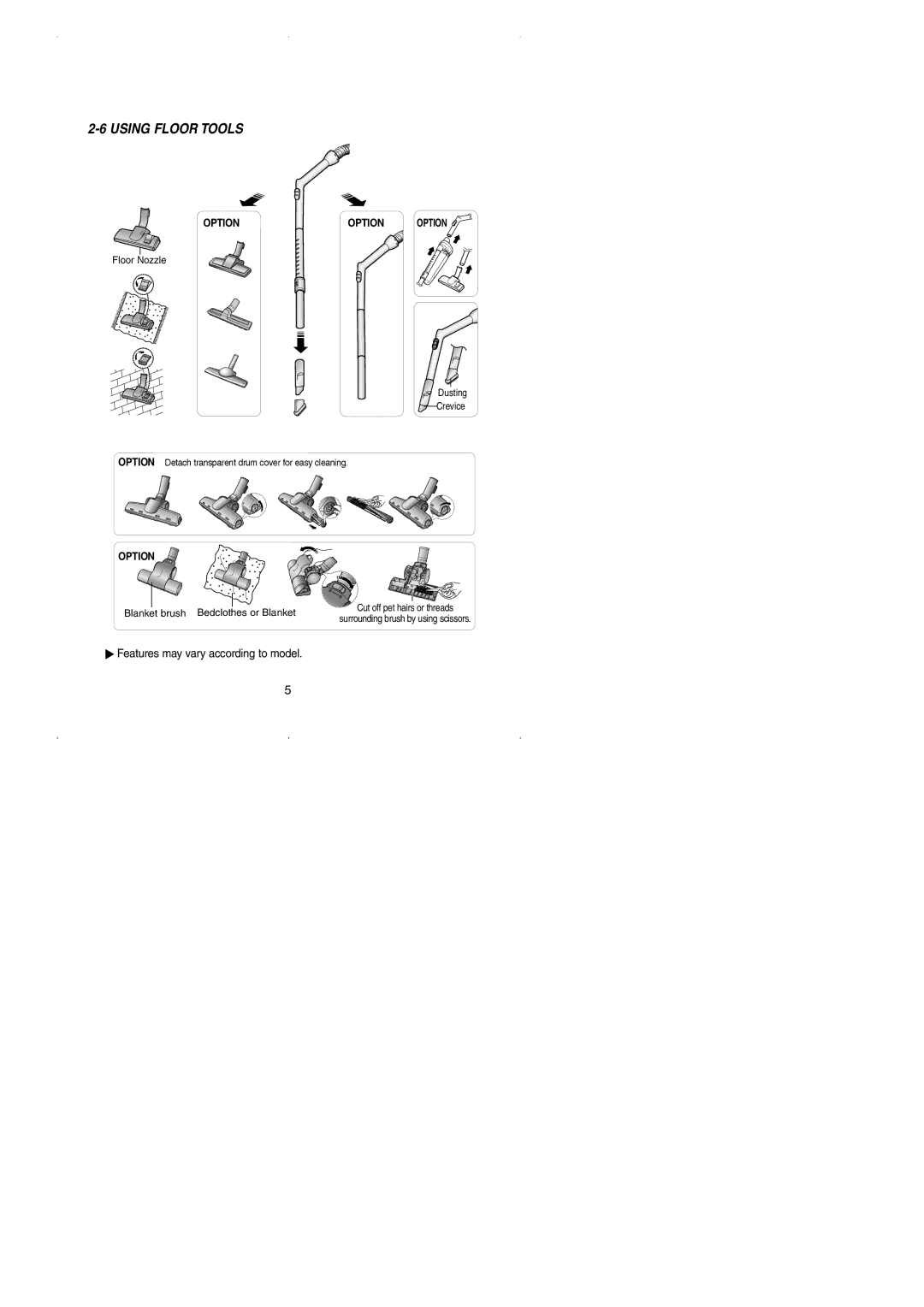 Samsung VCC4170S3B/SML, VCC4130S3R/XSG, VCC4130S3B/XSG, VCC4170S2B/UMG, VCC4130S37/XSG, VCC4130S2N/XSV manual Using Floor Tools 