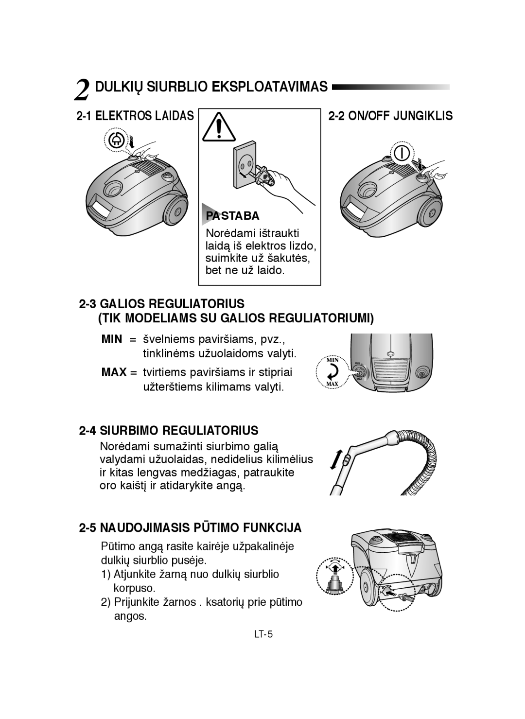 Samsung VCC4180V33/SBW manual Dulkių Siurblio Eksploatavimas, Siurbimo Reguliatorius, Naudojimasis Pūtimo Funkcija 