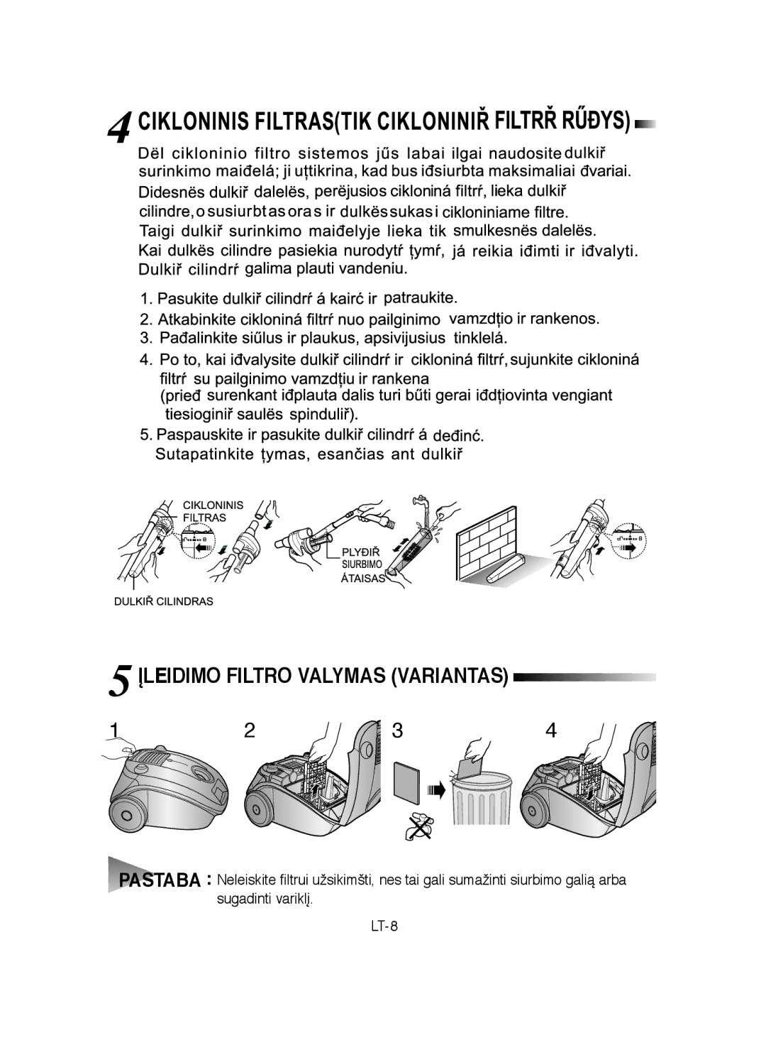 Samsung VCC4140V32/XEV, VCC4140V32/SBW, VCC4180V33/SBW, VCC41U0V3B/XSB, VCC4140V3E/XSB manual Įleidimo Filtro Valymas Variantas 