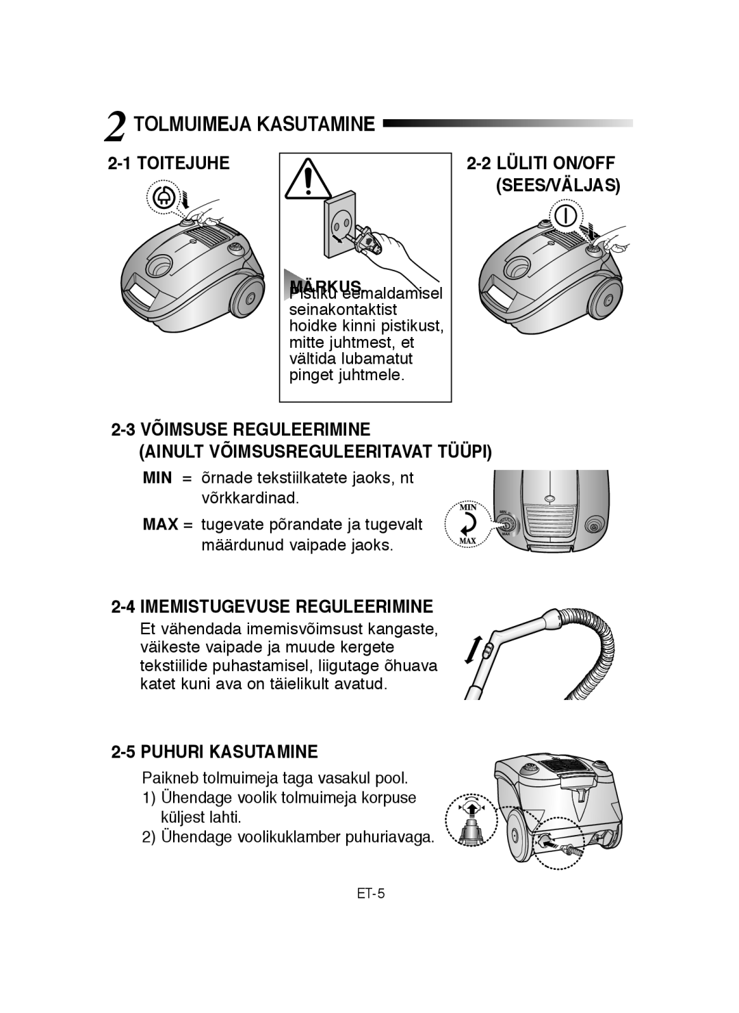 Samsung VCC4140V3E/XSB manual Tolmuimeja Kasutamine, Toitejuhe, Imemistugevuse Reguleerimine, Puhuri Kasutamine, Märkus 