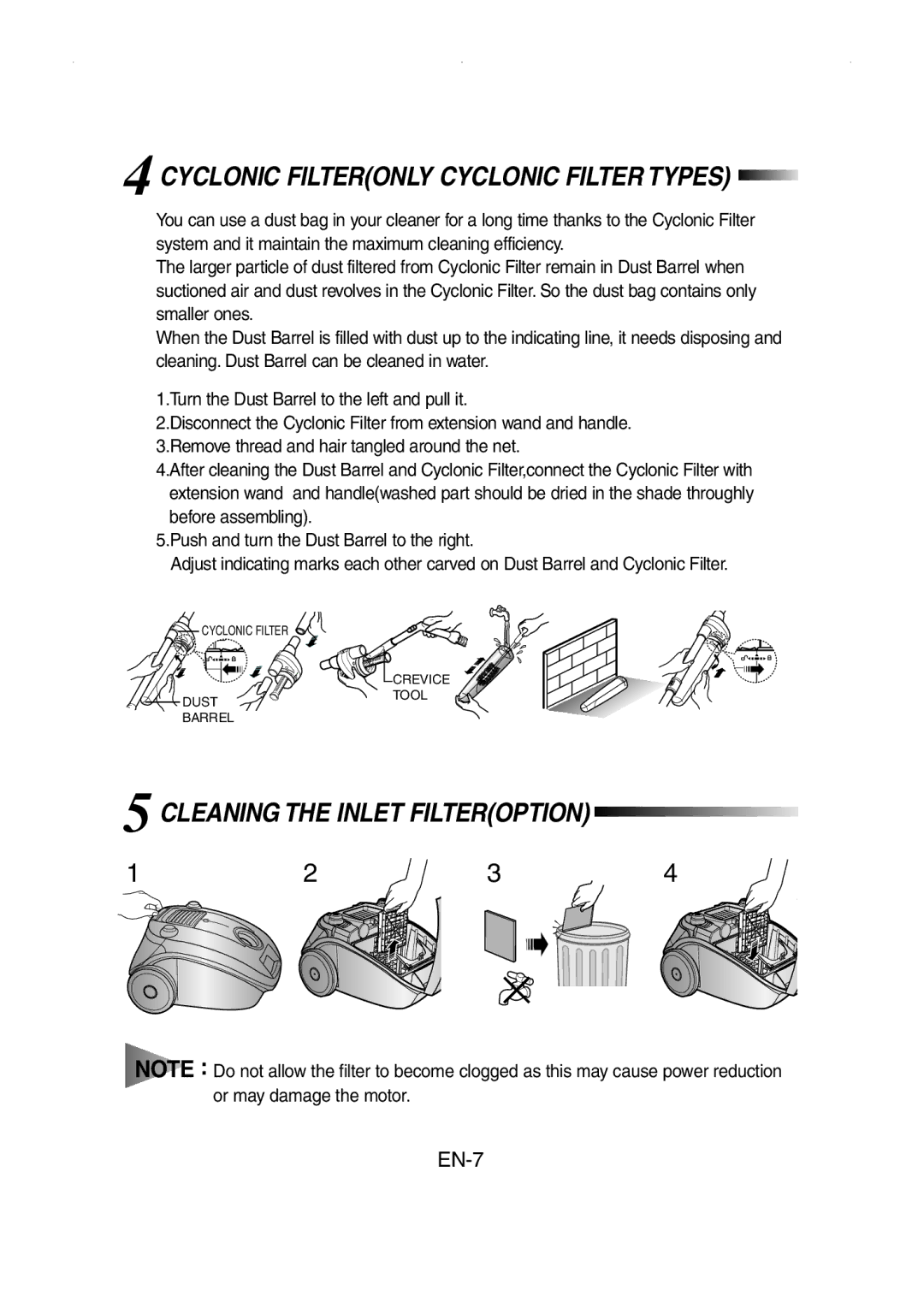 Samsung VCC4147V34/XEH manual Cyclonic Filteronly Cyclonic Filter Types 