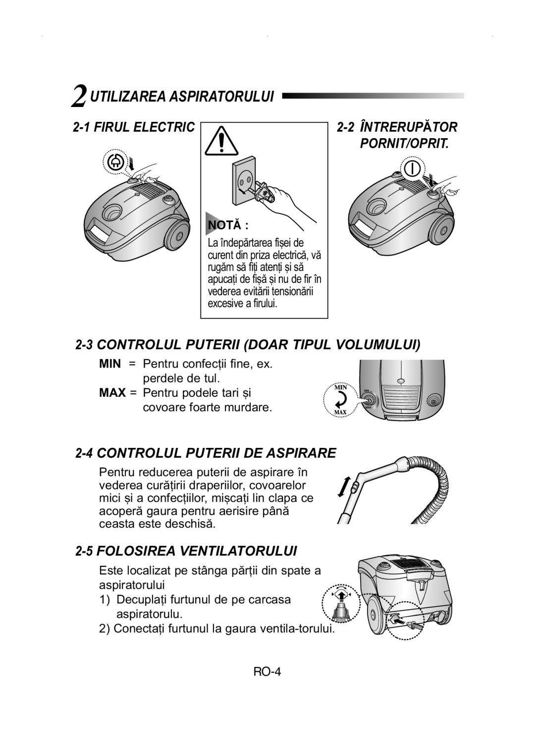 Samsung VCC4147V34/XEH manual 2UTILIZAREA Aspiratorului, Firul Electric, Controlul Puterii Doar Tipul Volumului 