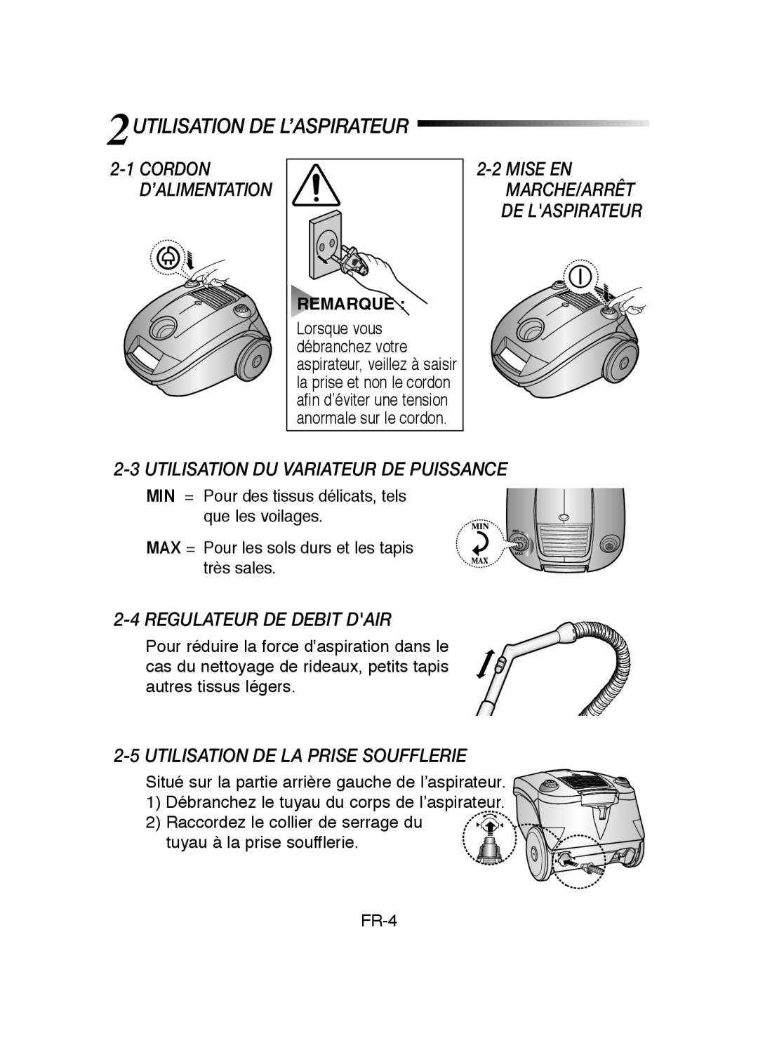 Samsung VCC4137S34/UMG manual 2UTILISATION DE L’ASPIRATEUR, Utilisation DU Variateur DE Puissance, Regulateur DE Debit Dair 