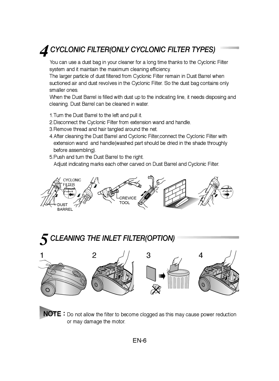 Samsung VCC4170S2B/TWL, VCC4137S26/DWP manual Cyclonic Filteronly Cyclonic Filter Types, Cleaning the Inlet Filteroption 