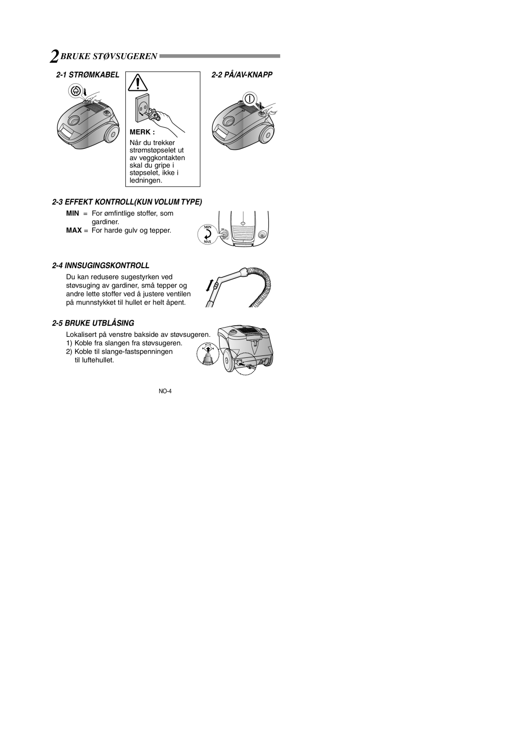 Samsung VCC4181V3O/SBW manual 2BRUKE Støvsugeren, Strømkabel, PÅ/AV-KNAPP Effekt Kontrollkun Volum Type, Innsugingskontroll 