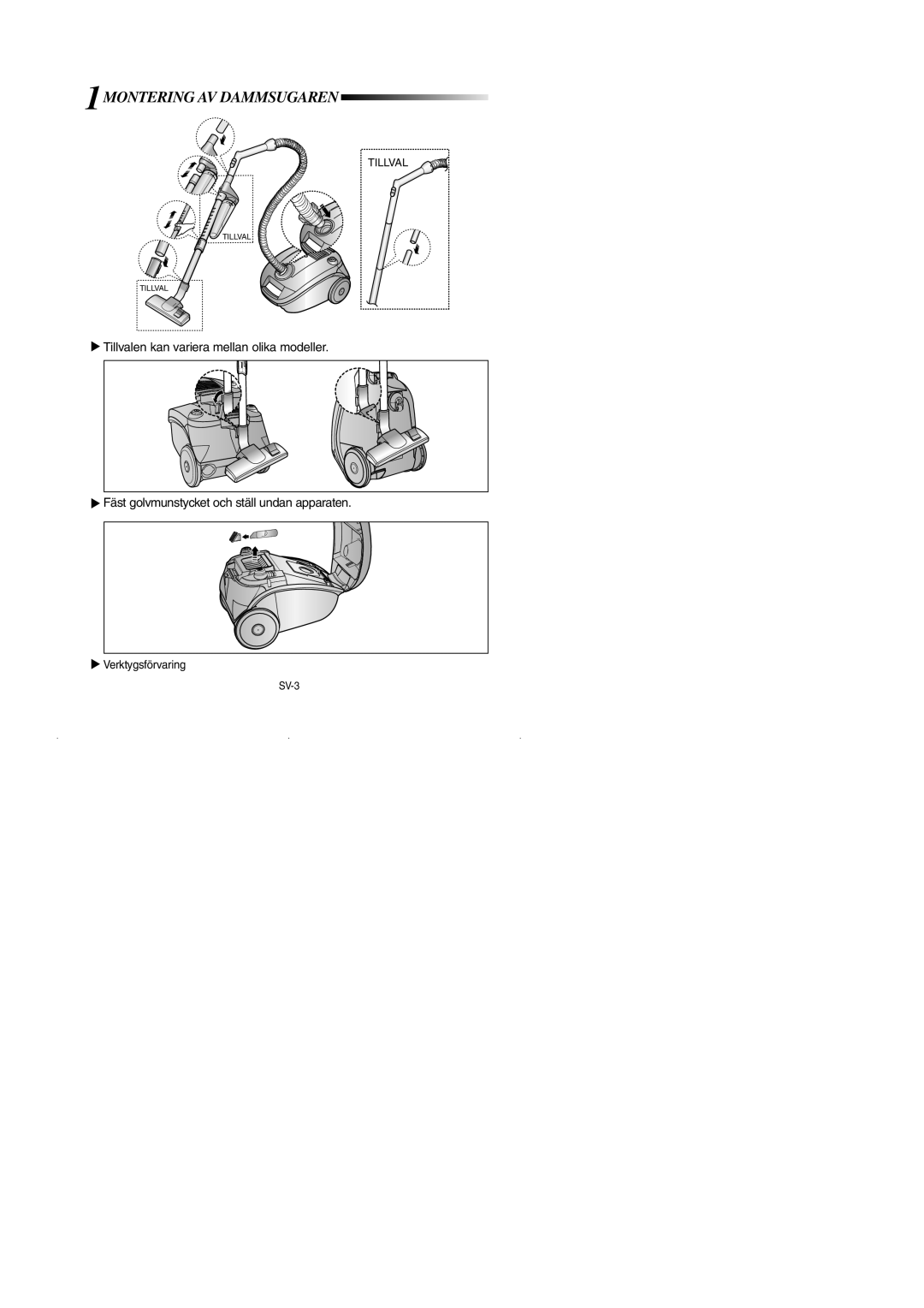 Samsung VCC4180V34/XEE, VCC4180V33/SBW, VCC4181V3O/SBW manual 1MONTERING AV Dammsugaren 