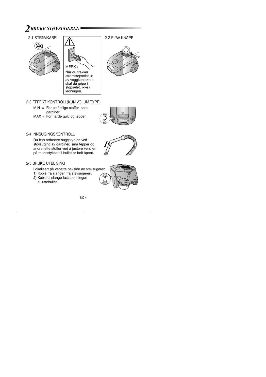 Samsung VCC4181V3O/SBW manual 2BRUKE Støvsugeren, Strømkabel, PÅ/AV-KNAPP Effekt Kontrollkun Volum Type, Innsugingskontroll 