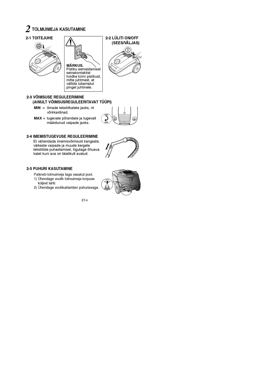 Samsung VCC4187V3C/XEV manual Tolmuimeja Kasutamine, Toitejuhe, Võimsuse Reguleerimine, Imemistugevuse Reguleerimine 