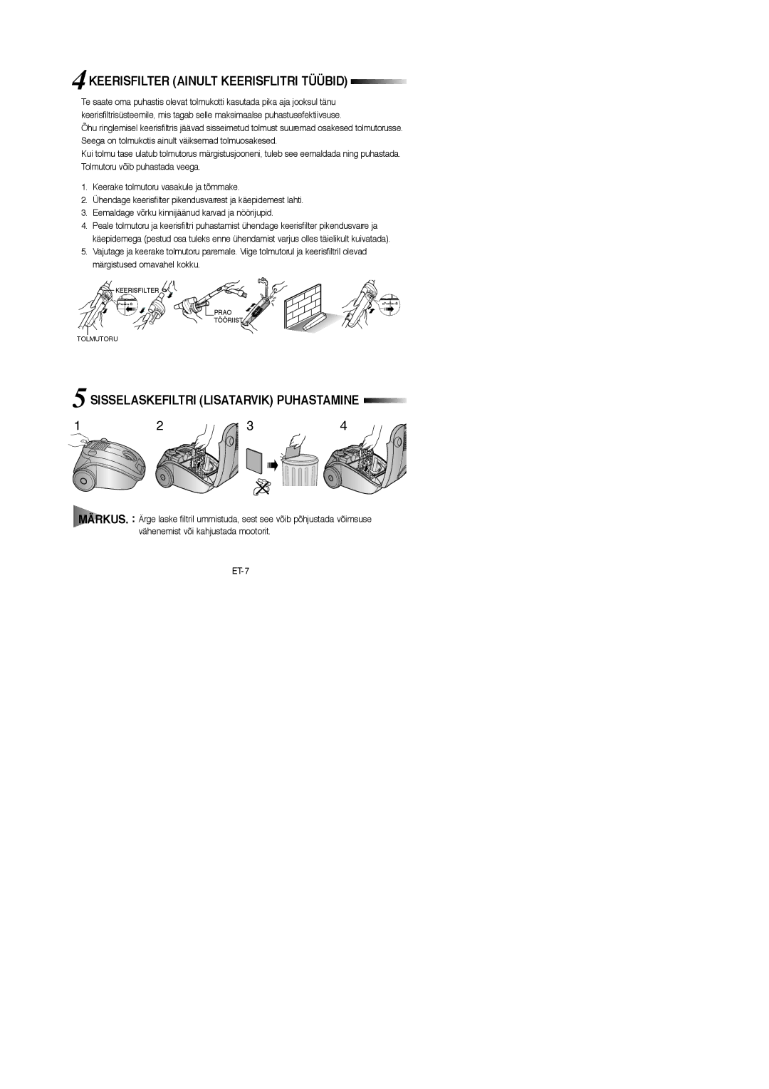 Samsung VCC4187V3C/XSB, VCC4187V3C/XEV 4KEERISFILTER Ainult Keerisflitri Tüübid, Sisselaskefiltri Lisatarvik Puhastamine 