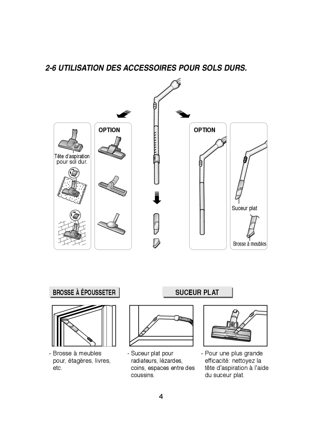 Samsung VCC4191V34/XEF, VCC4191V34/KEF manual Utilisation DES Accessoires Pour Sols Durs, Suceur Plat 