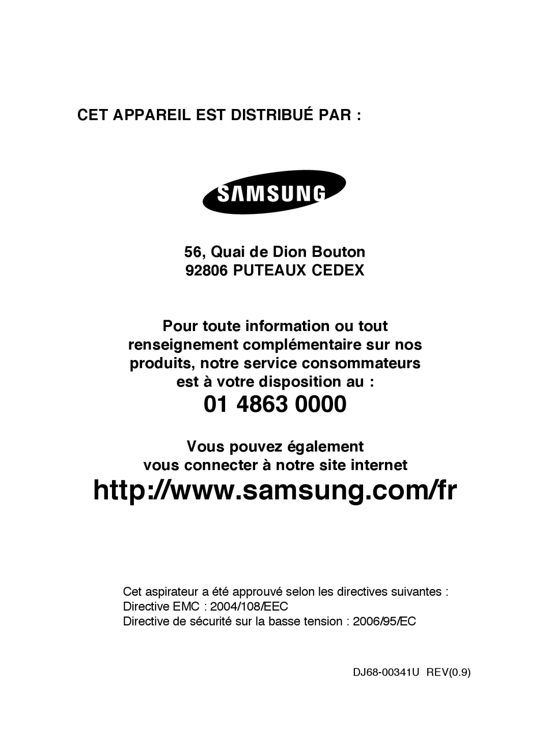 Samsung VCC4191V34/KEF, VCC4191V34/XEF manual 01 4863, CET Appareil EST Distribué PAR 