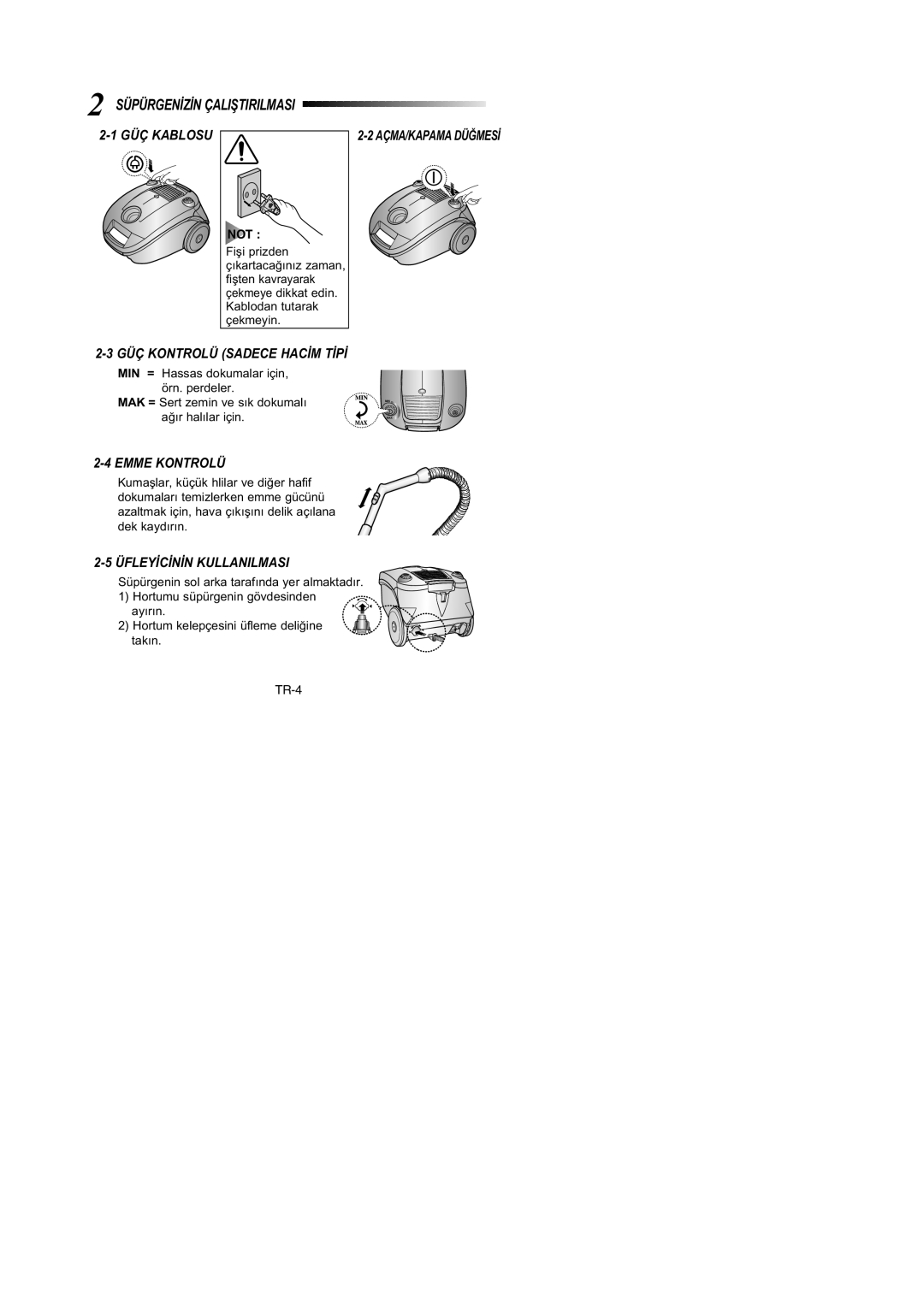 Samsung VCC4170S37/XEG, VCC41A9S34/ANU, VCC4130S31/XEV, VCC4130S3R/XSG manual Süpürgenýzýn Çaliþtirilmasi GÜÇ Kablosu 