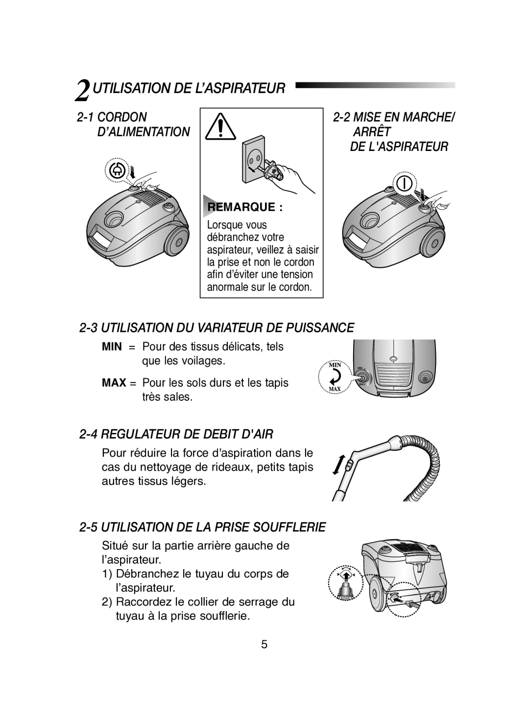 Samsung VCC41E0V3E/XEF manual 2UTILISATION DE L’ASPIRATEUR, Remarque 