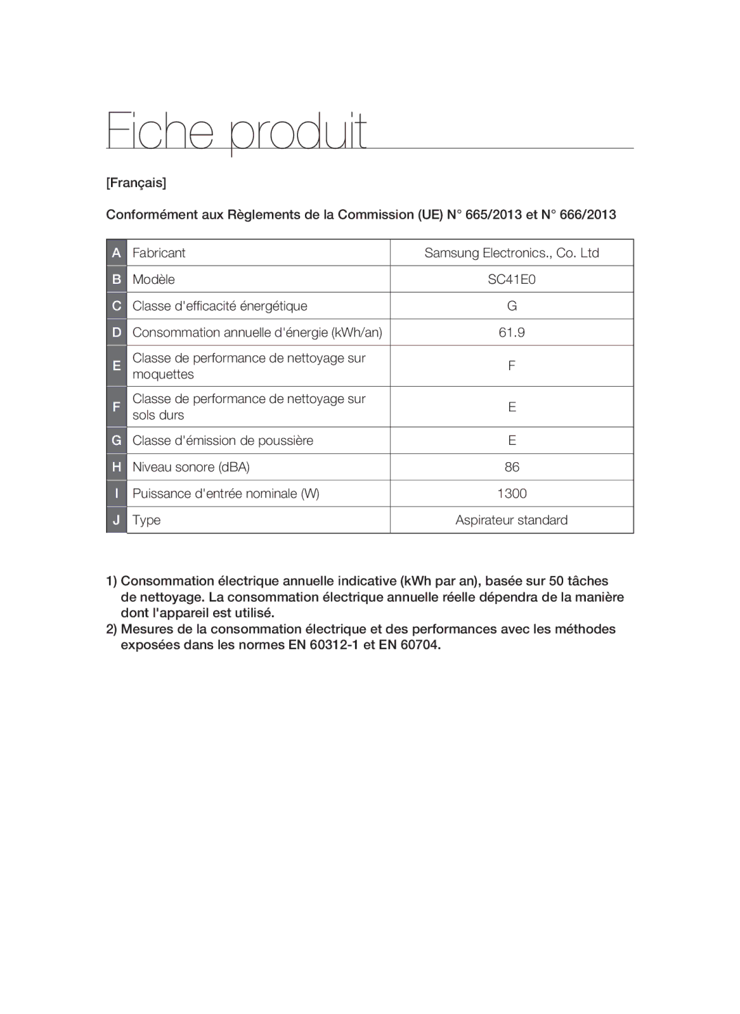 Samsung VCC41E0V3E/XEF manual Fiche produit 