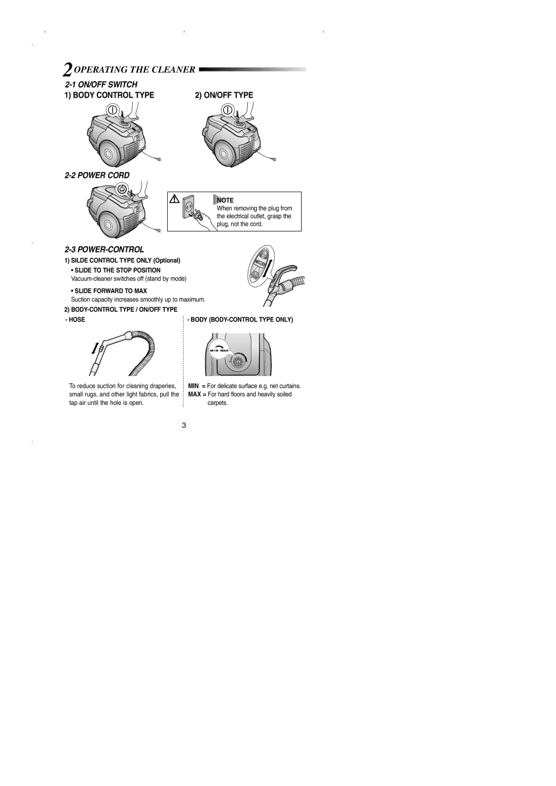Samsung VCC4330V2R/NEC, VCC4320S2B/UMG 2OPERATING the Cleaner, ON/OFF Switch Body Control Type, Power Cord, Power-Control 