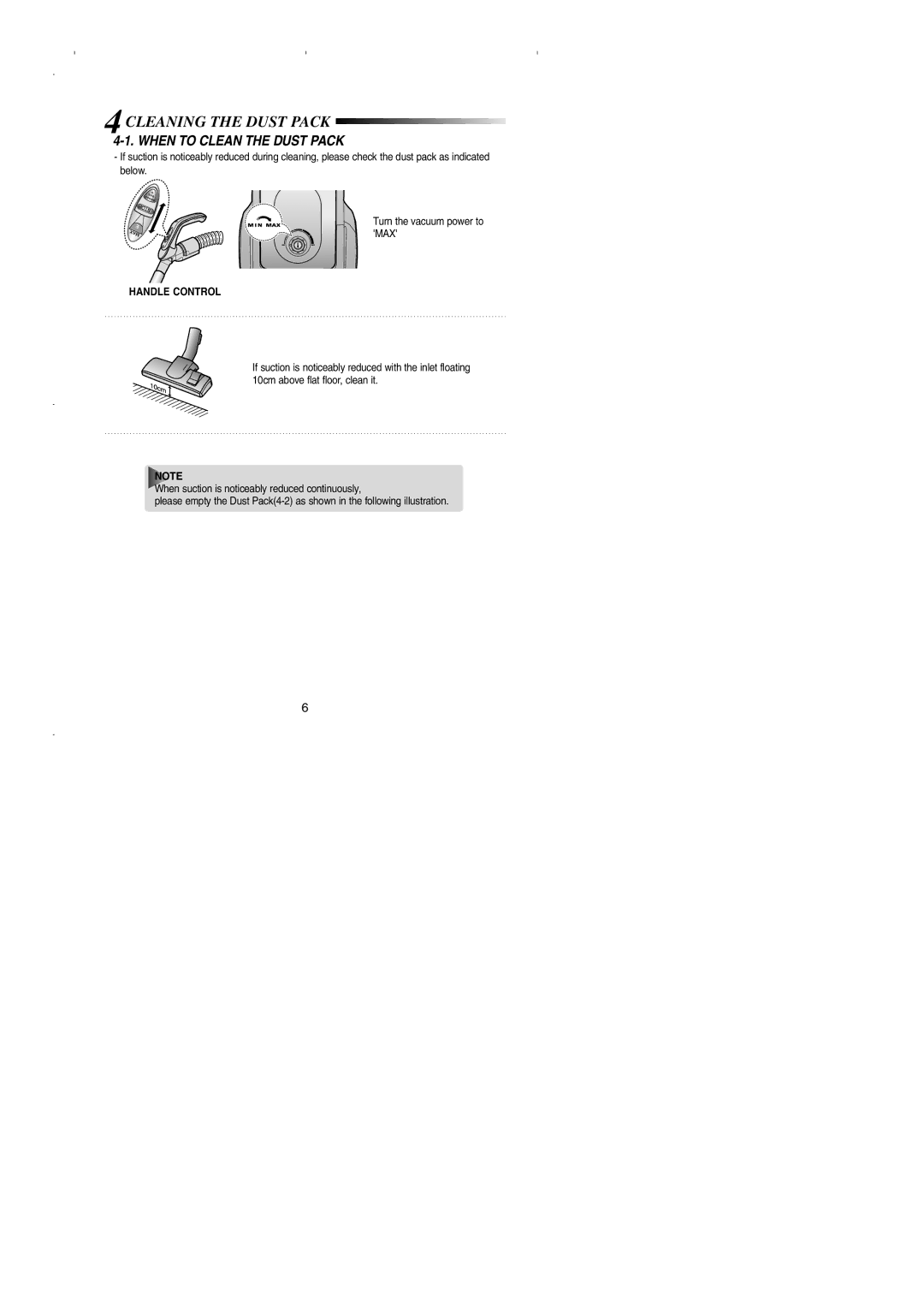 Samsung VCC4330V3R/XSG, VCC4320S2B/UMG, VCC4330V3B/XSG Cleaning the Dust Pack, When to Clean the Dust Pack, Handle Control 