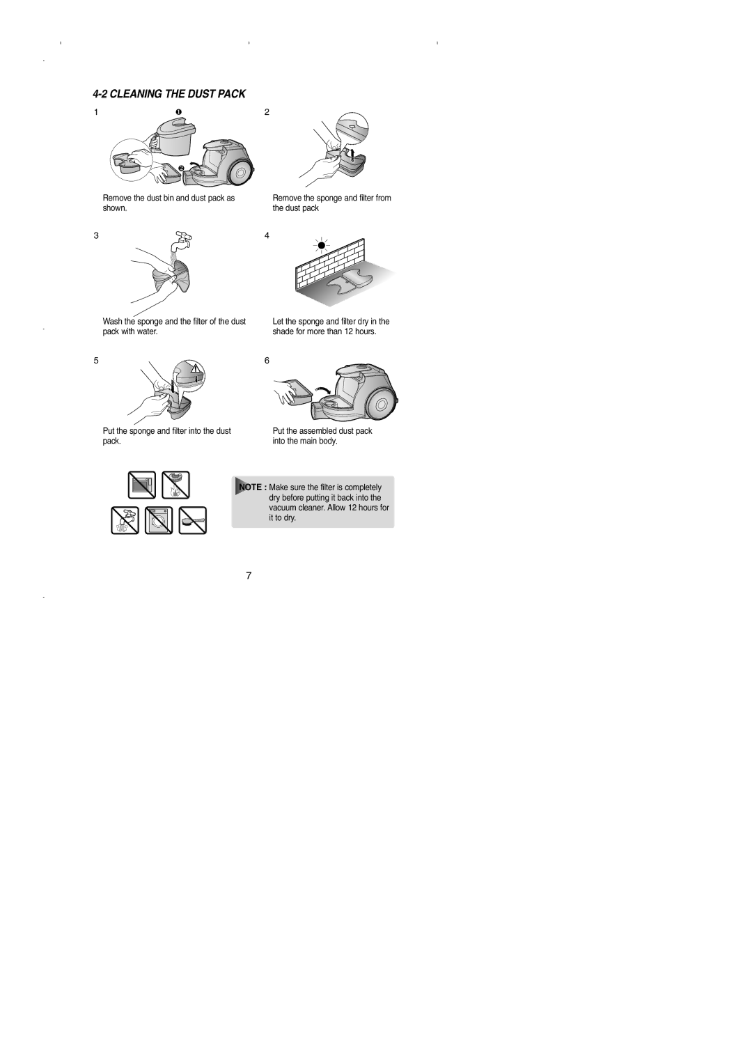 Samsung VCC4320S3B/UMG, VCC4320S2B/UMG, VCC4330V3B/XSG, VCC4330V2B/YAM, VCC4330V4R/ATC, VCC4330V2R/NEC Cleaning the Dust Pack 