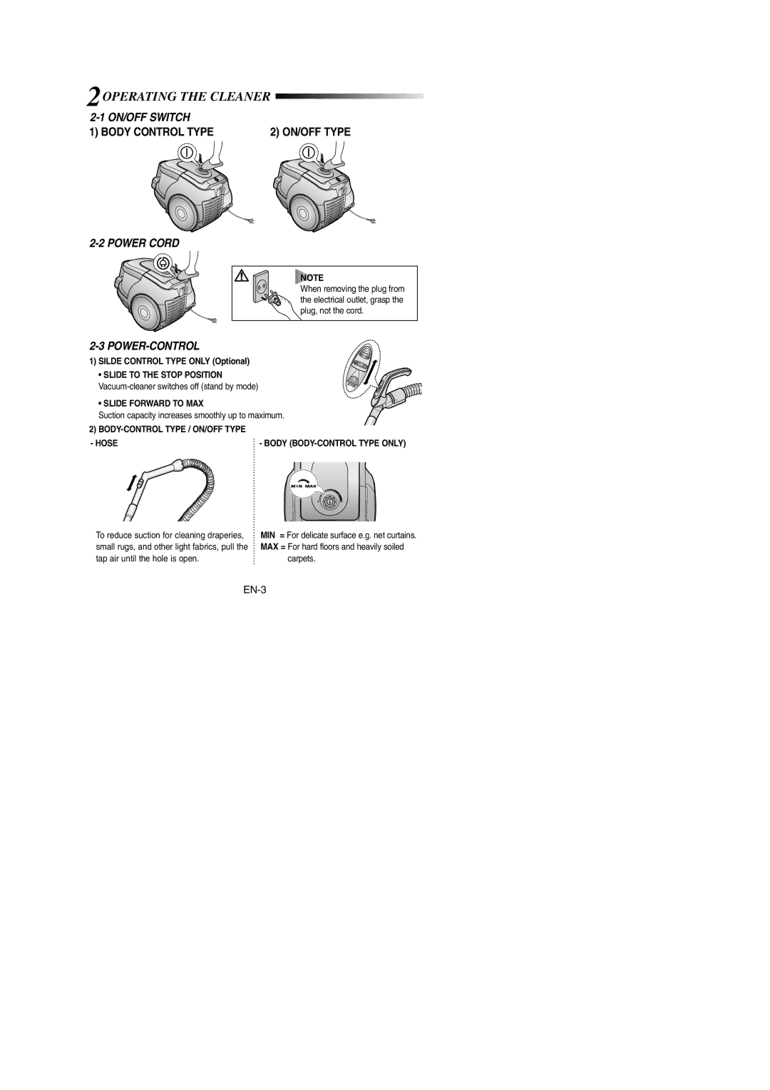 Samsung VCC4330V2R/NEC, VCC4320S2B/UMG manual 2OPERATING the Cleaner, Slide to the Stop Position, Slide Forward to MAX 