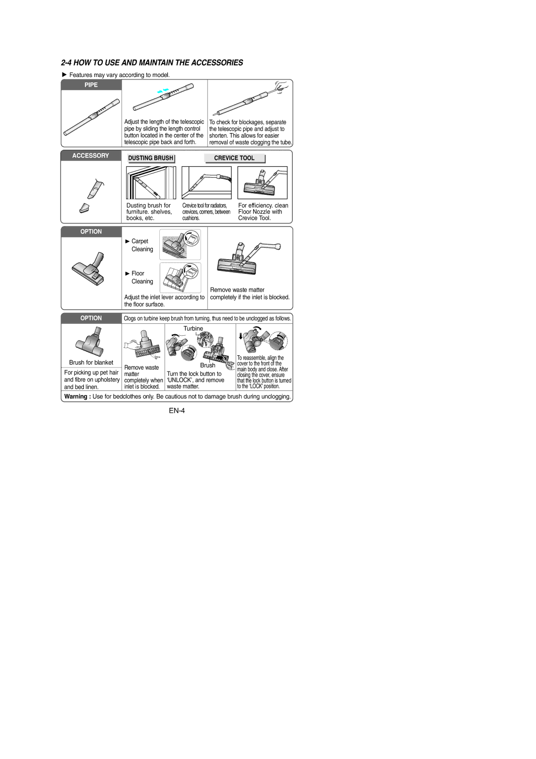 Samsung VCC4330V2W/ABS, VCC4320S2B/UMG, VCC4330V3B/XSG manual HOW to USE and Maintain the Accessories, Dusting Brush 