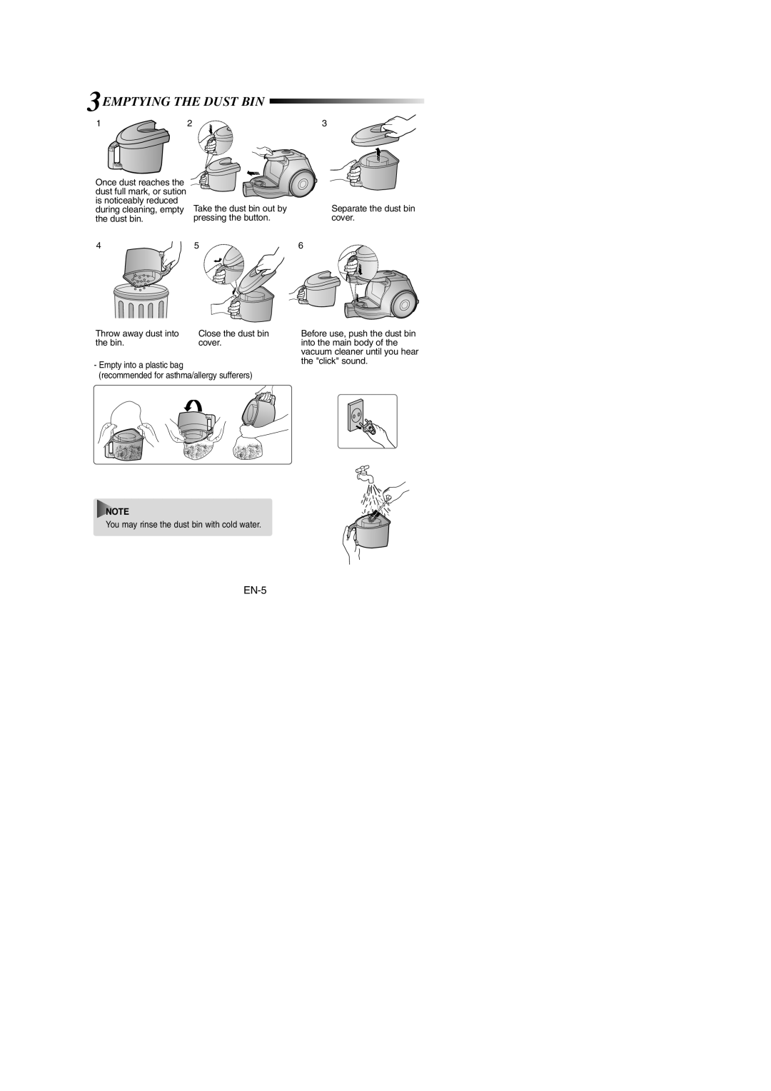 Samsung VCC4335V3W/SBW, VCC4320S2B/UMG, VCC4330V3B/XSG, VCC4330V2B/YAM, VCC4330V4R/ATC, VCC4330V2R/NEC 3EMPTYING the Dust BIN 