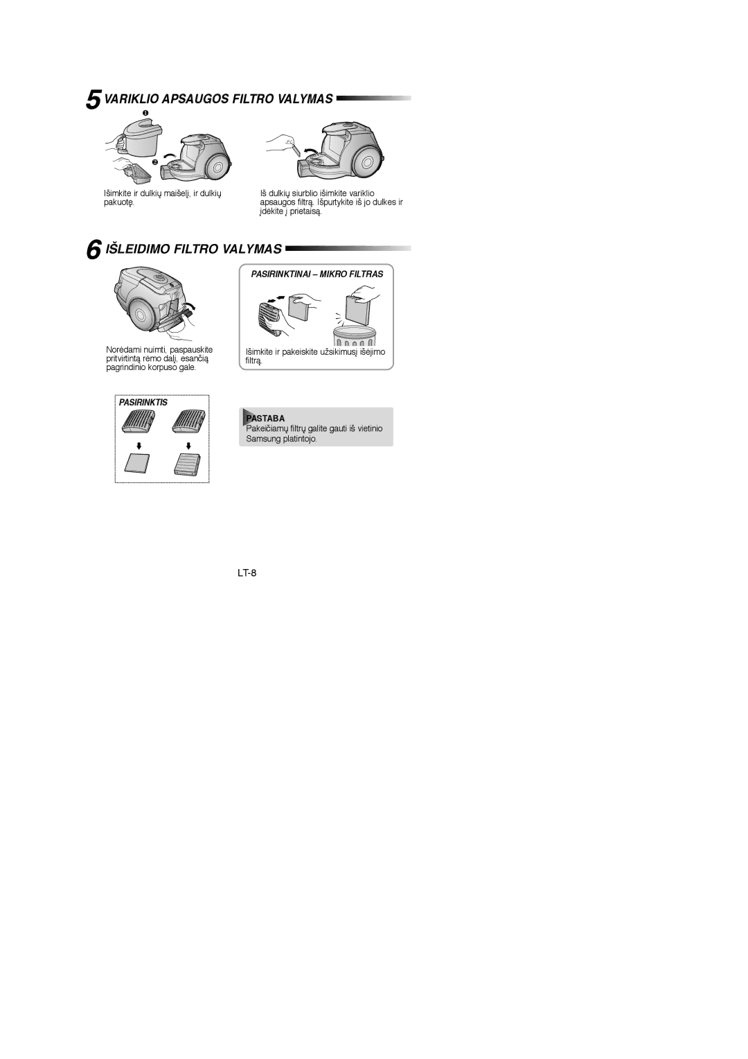 Samsung VCC4325S3K/XSB, VCC4325S3R/XSB, VCC4325S3K/SBW manual Variklio Apsaugos Filtro Valymas, Išleidimo Filtro Valymas 