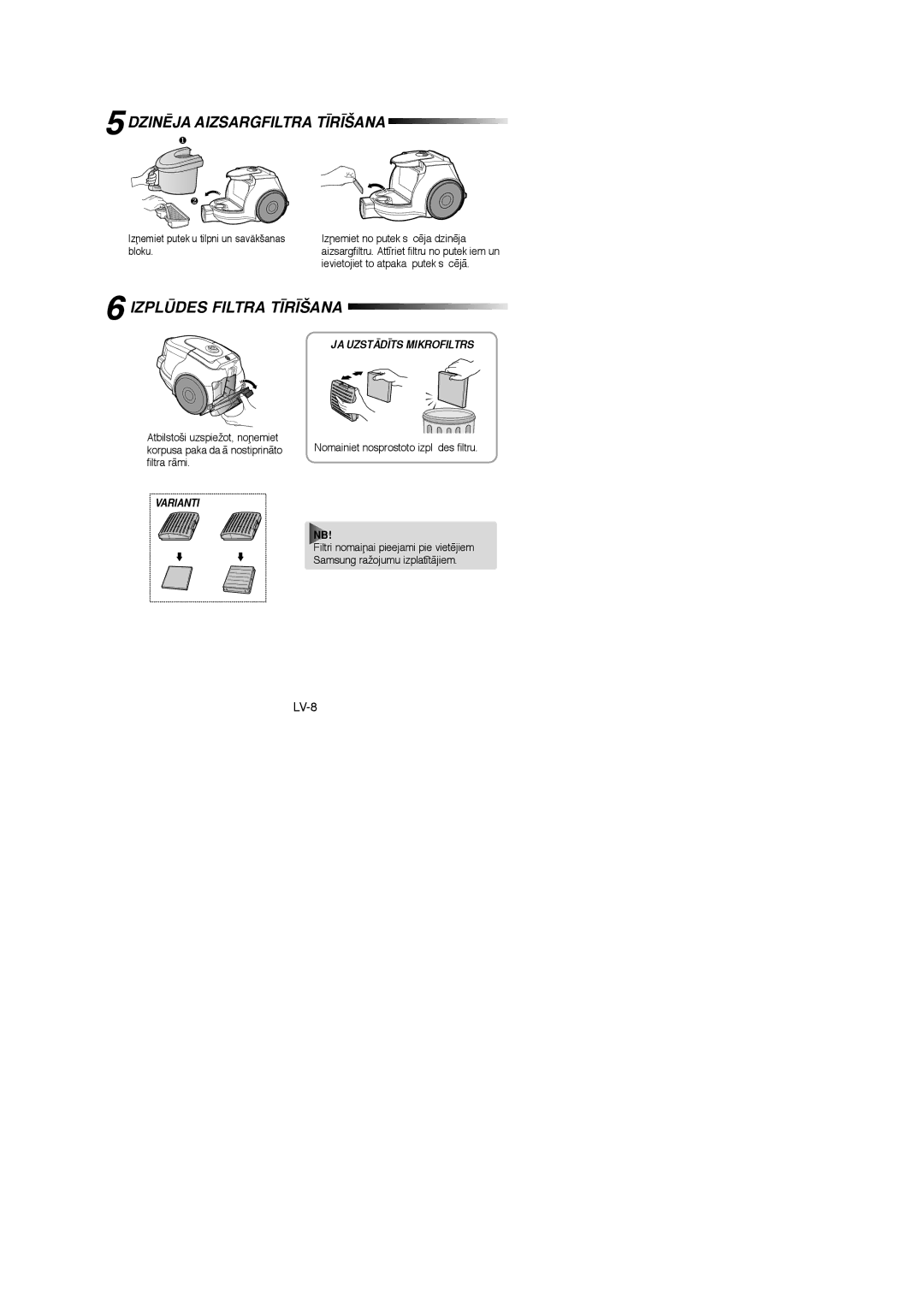 Samsung VCC4325S3K/XSB, VCC4325S3R/XSB, VCC4325S3K/SBW manual DZINîJA Aizsargfiltra T±R±ŠANA, Izplìdes Filtra T±R±ŠANA 