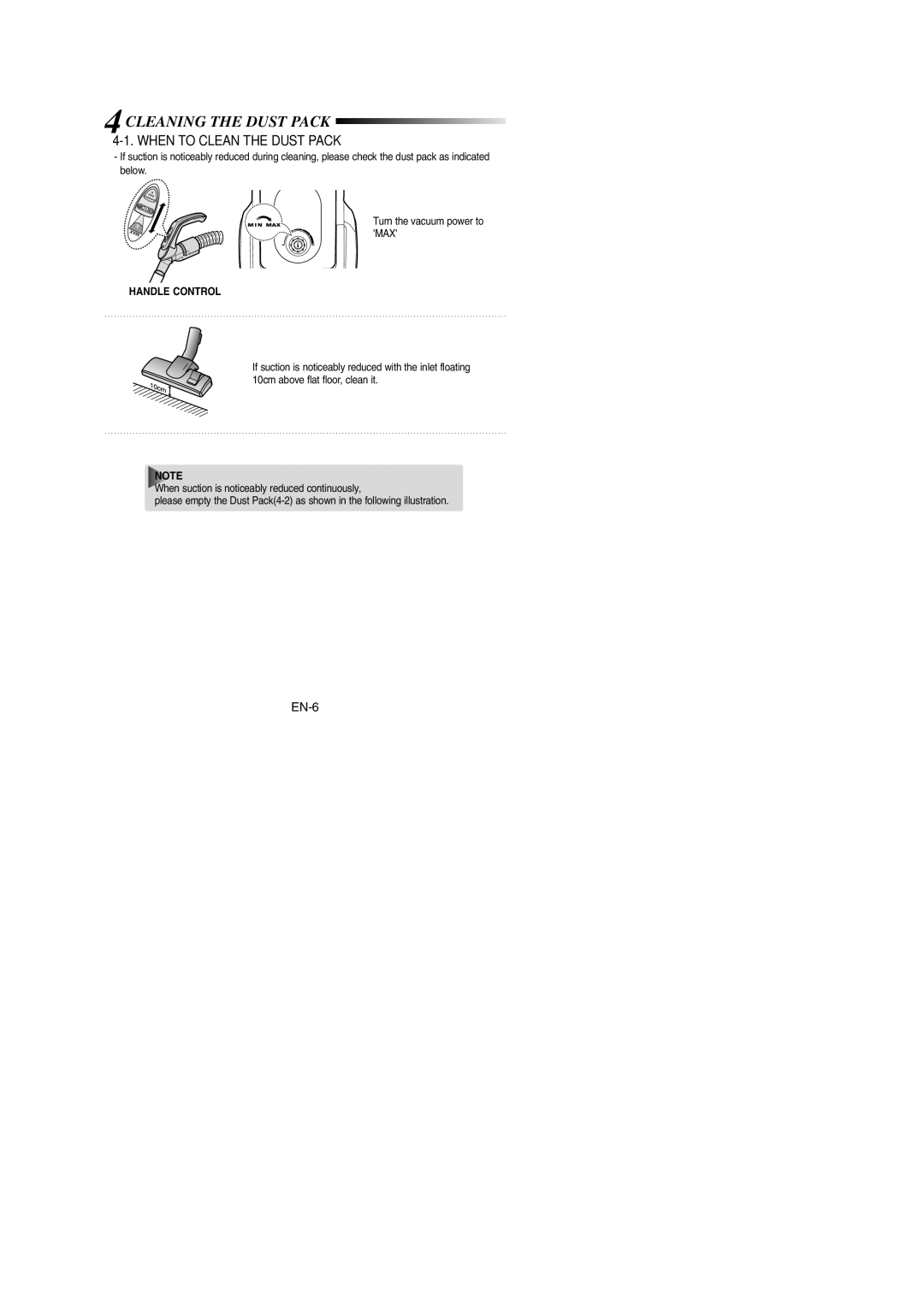 Samsung VCC4325S3R/SBW, VCC4325S3R/XSB, VCC4325S3K/XSB, VCC4325S3K/SBW manual When to Clean the Dust Pack, Handle Control 