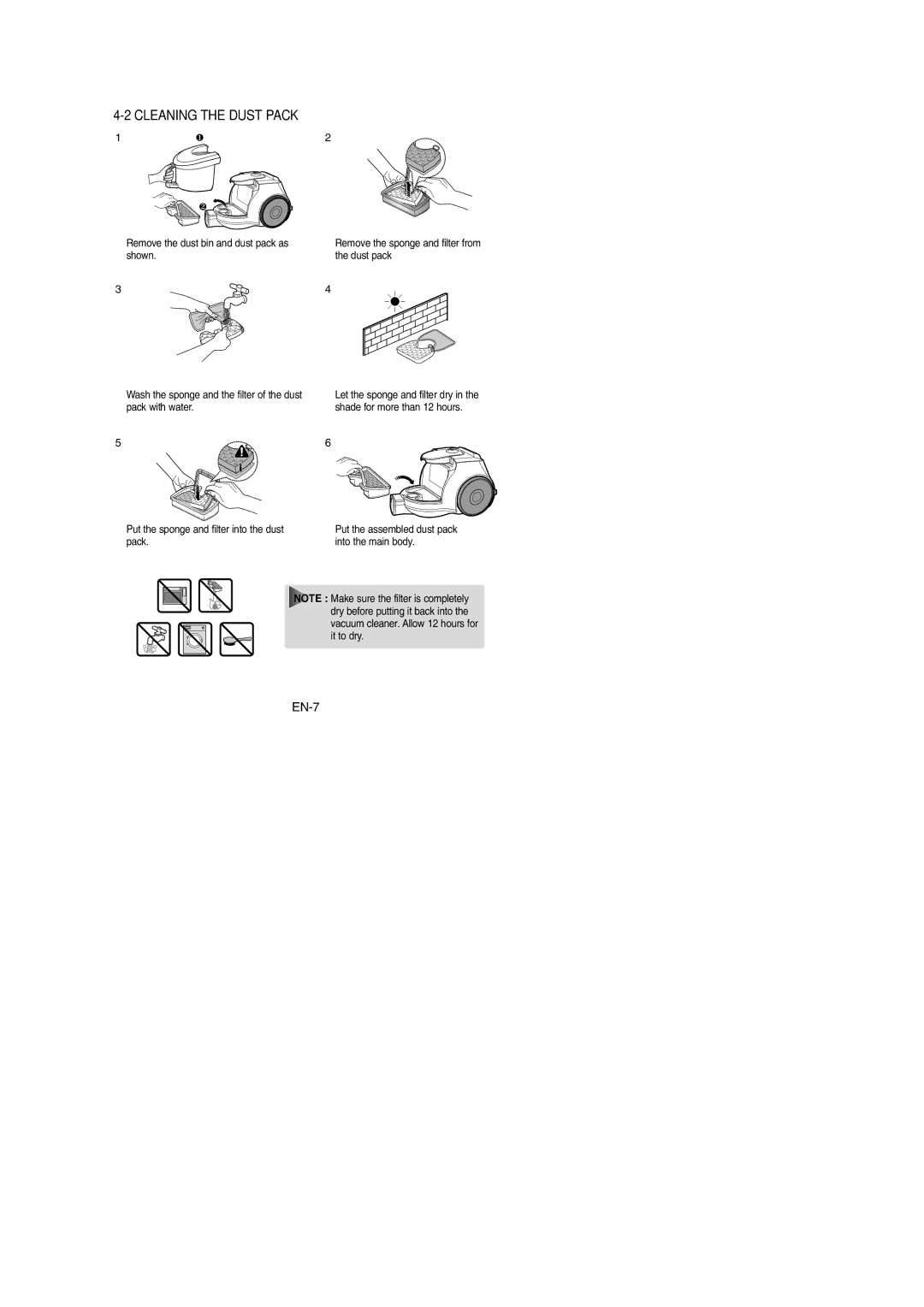 Samsung VCC4325S3R/XSB, VCC4325S3K/XSB, VCC4325S3K/SBW, VCC4325S3R/SBW manual Cleaning the Dust Pack 