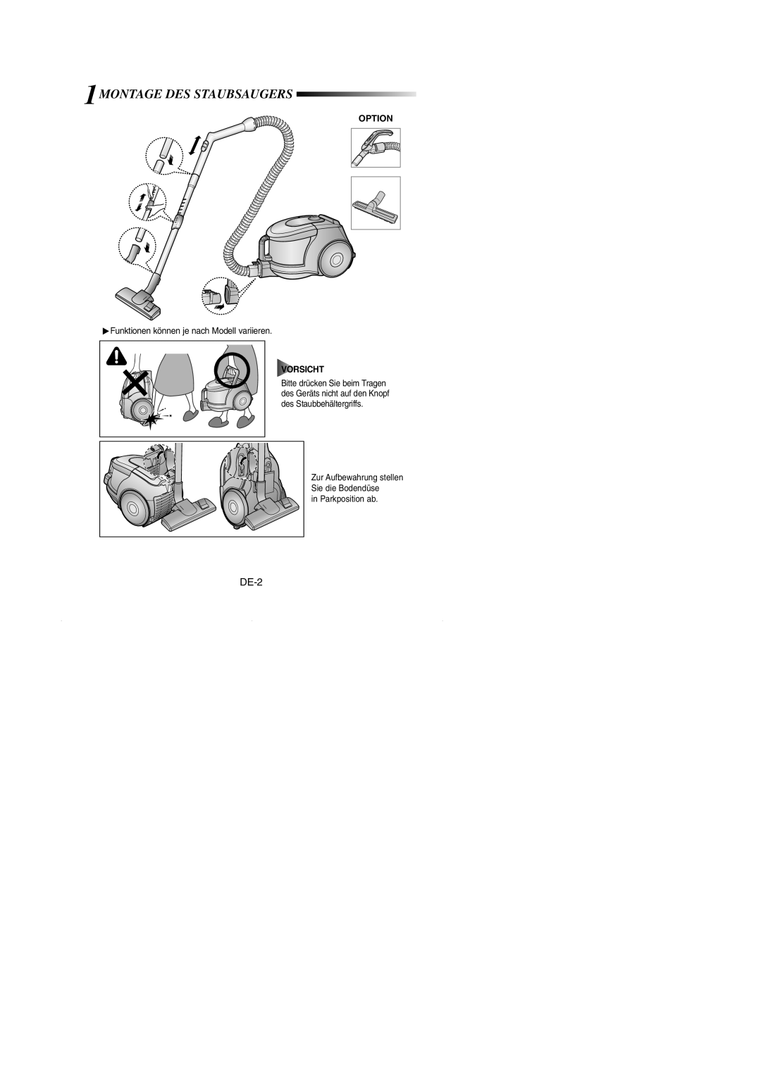 Samsung VCC4330V31/XEH, VCC4330V2R/NEC manual 1MONTAGE DES Staubsaugers, Vorsicht 