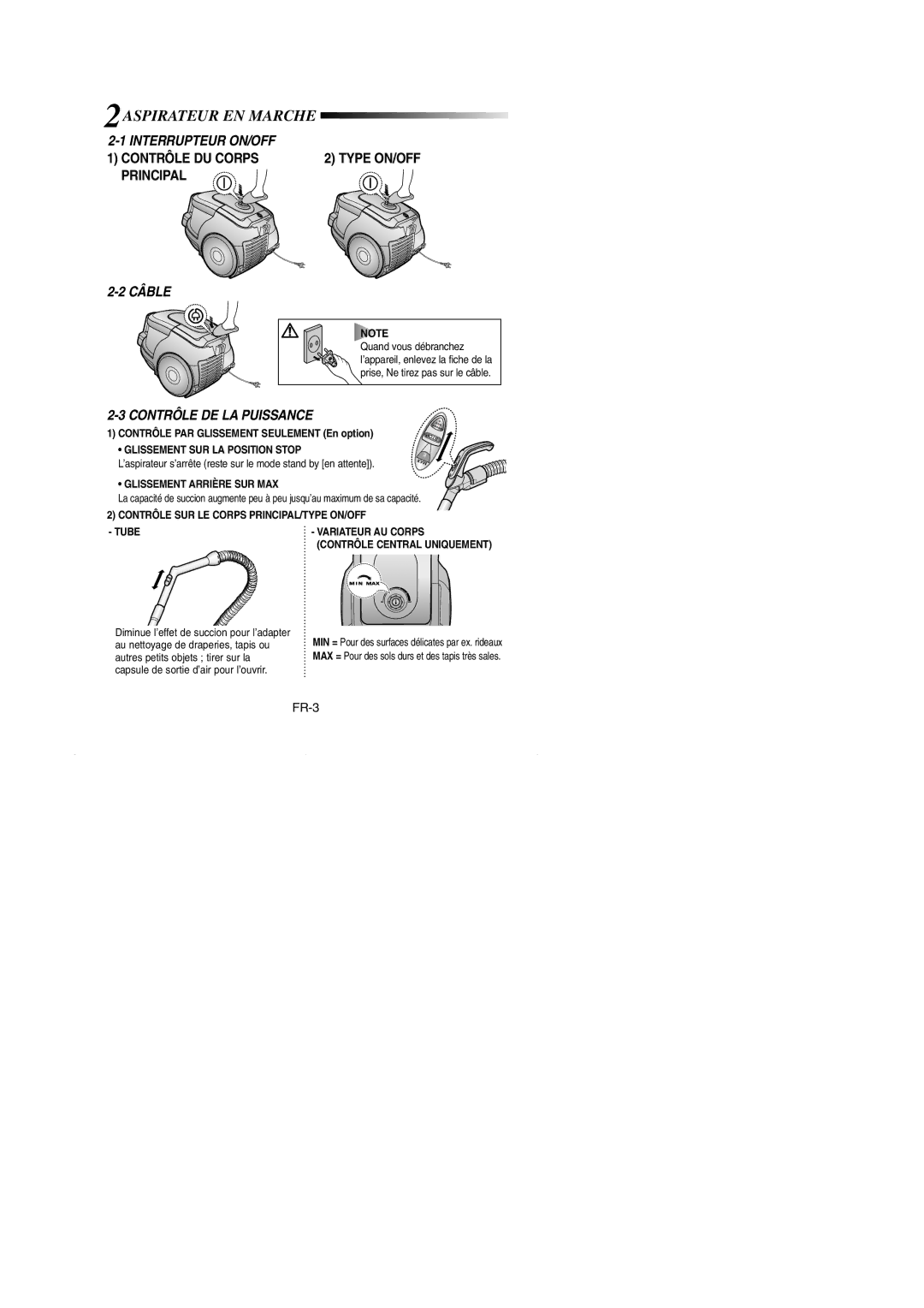 Samsung VCC4330V2R/NEC, VCC4330V31/XEH manual 2ASPIRATEUR EN Marche, Interrupteur ON/OFF Contrôle DU Corps, Principal Câble 